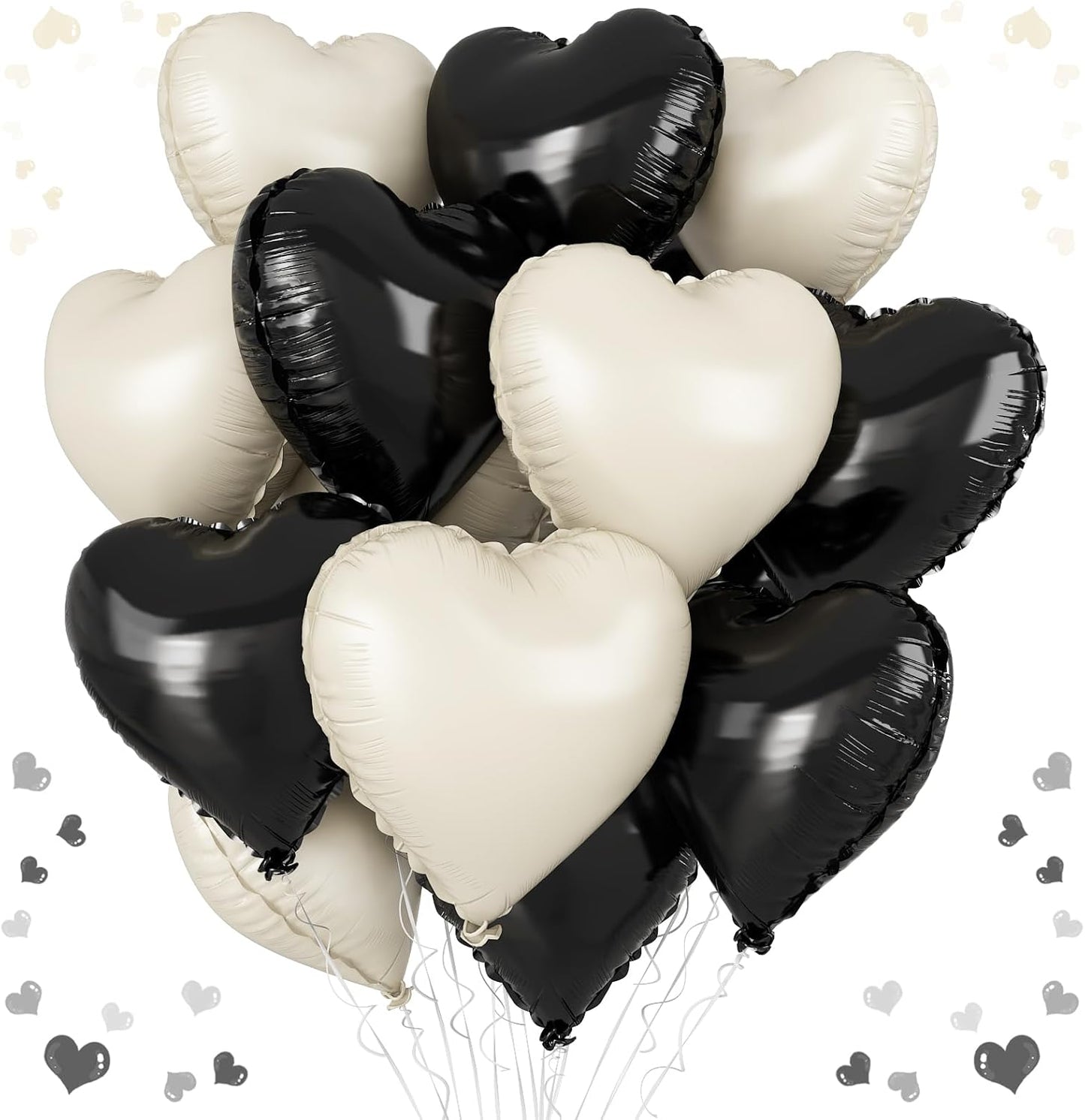 Black White Heart Balloons, 18 Inch Black and Cream White Heart Shape Balloon, 12PCS White Sand Black Helium Foil Heart Balloon for Birthday Wedding Bridal Shower Bachelorette Party Decorations