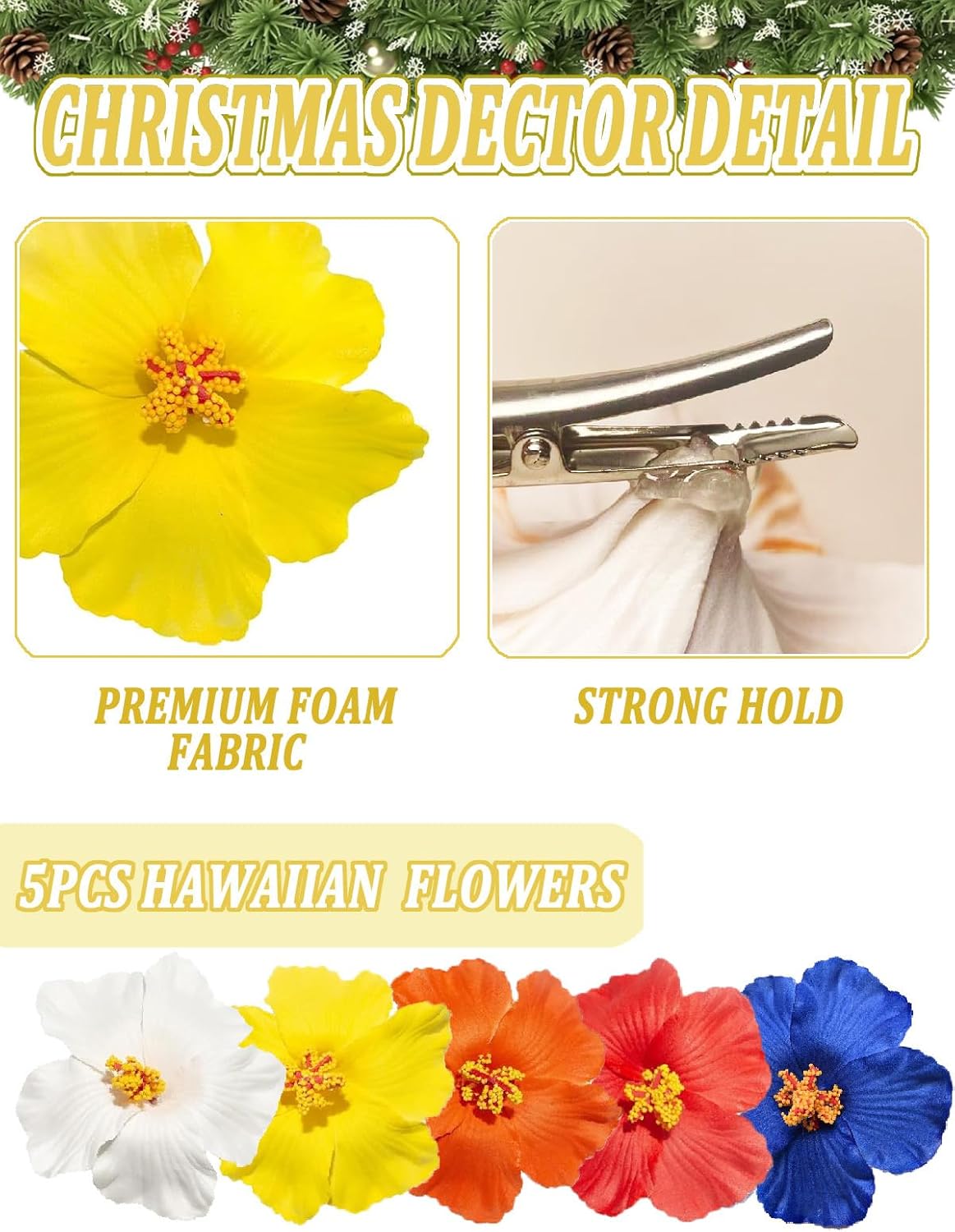 5 PCS Hawaiian Hibiscus Artificial Flowers for Christmas Tree Wreath DIY Ornaments 3.74 Inch Faux Flower for Wreath Garland New Year Party Wedding Home Party (5, Red Orange White Blue Green)