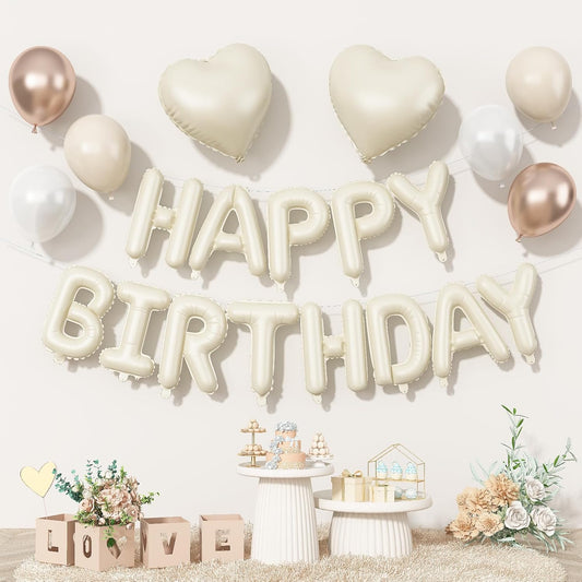 Happy Birthday Balloon Banner Cream, 16 Inch Beige Mylar Letters Heart Foil Balloons Pearl White Sand White Metallic Champagne Gold Balloons Boho Neutral Birthday Decorations for Girls Women Boy Men