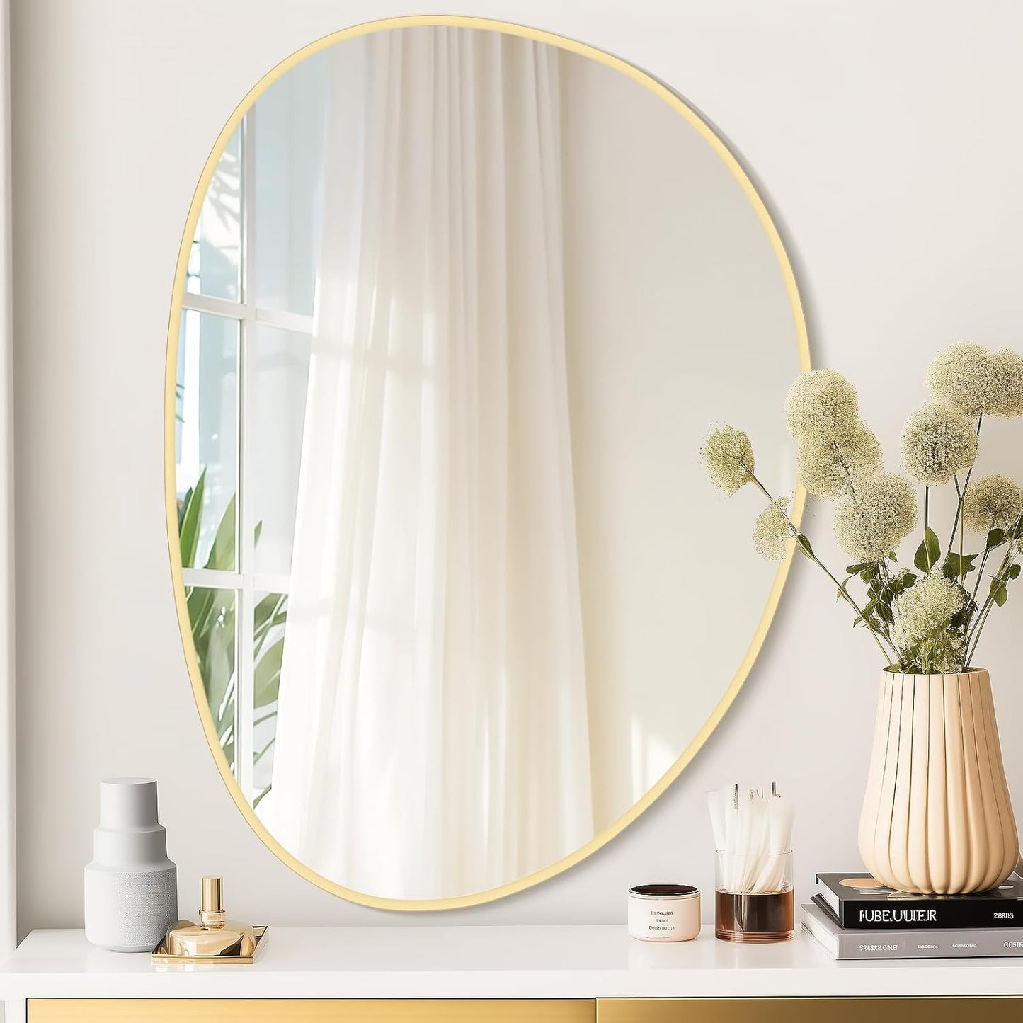 WallBeyond Irregular Wall Mirror, Asymmetrical Mirror Wall Mounted with Gold Framed for Living Room, Bathroom, Bedroom, Entryway Wall Decor, 28"×21", Gold