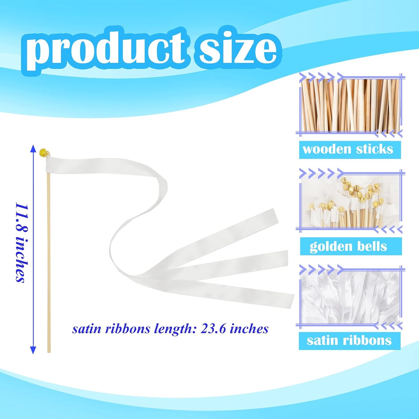 60 Pieces Wedding Colorful Ribbon with Bells, Party Ribbons Streamers Sticks Magic Wish Fairy Wand for Wedding Party Holiday Activities Favors (White-60)