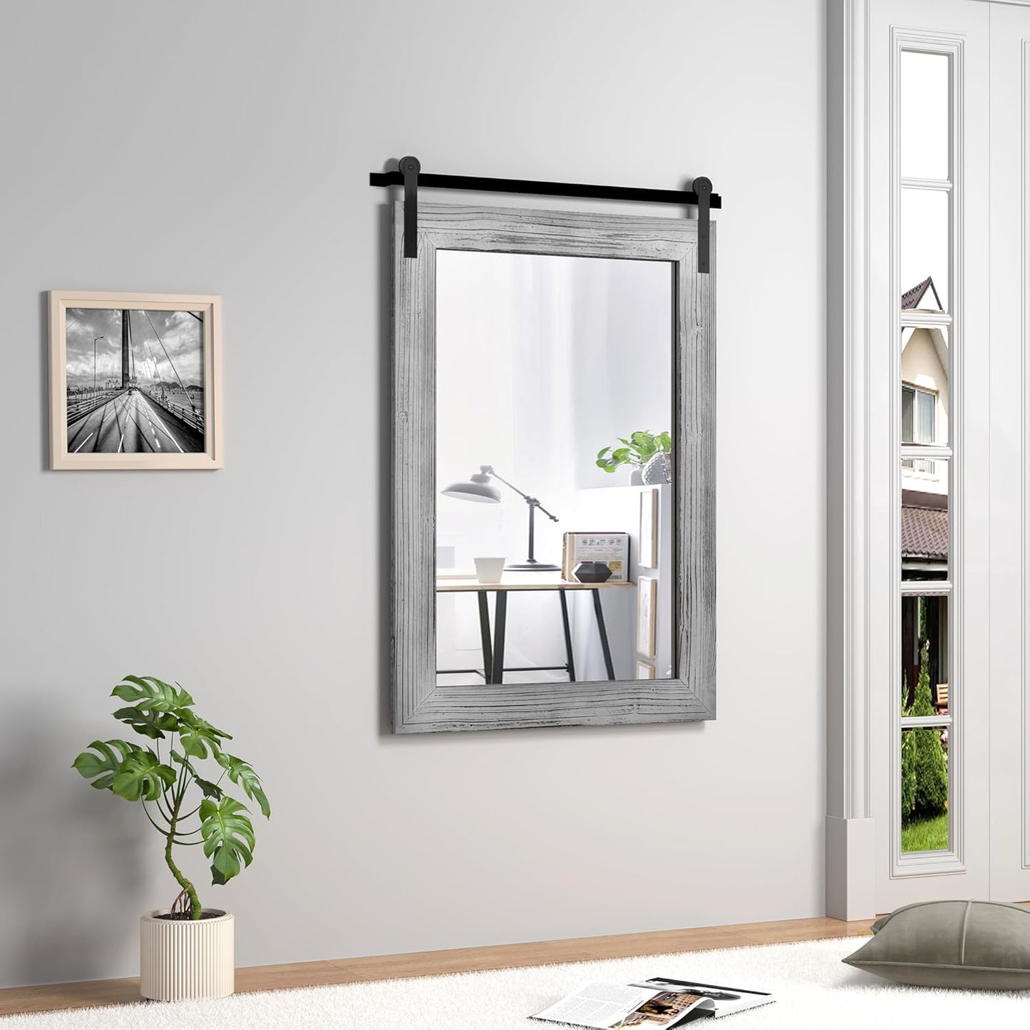 COGOOD Farmhouse Barn Door Mirror - 25 x 38 Rustic Bathroom Mirror for Living Room, Entryway, Vanity Wall Decor (Grey)