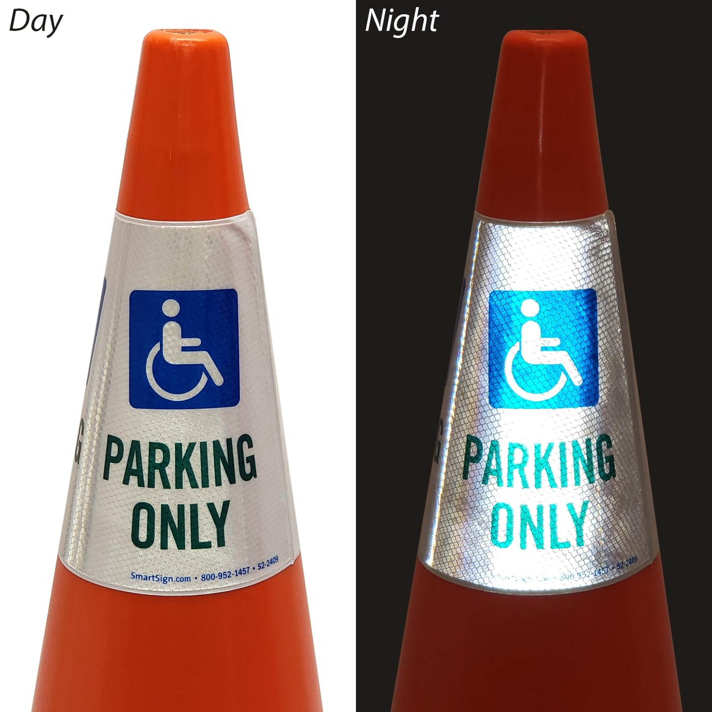 SmartSign 6-Pack "Handicapped Parking Only" Reflective Cone Message Sleeve Collar with Symbol, 360-Degree Visibility, Non-Adhesive Vinyl Signs for Traffic Safety Cones, 3-Side Print [Cone Not Included]
