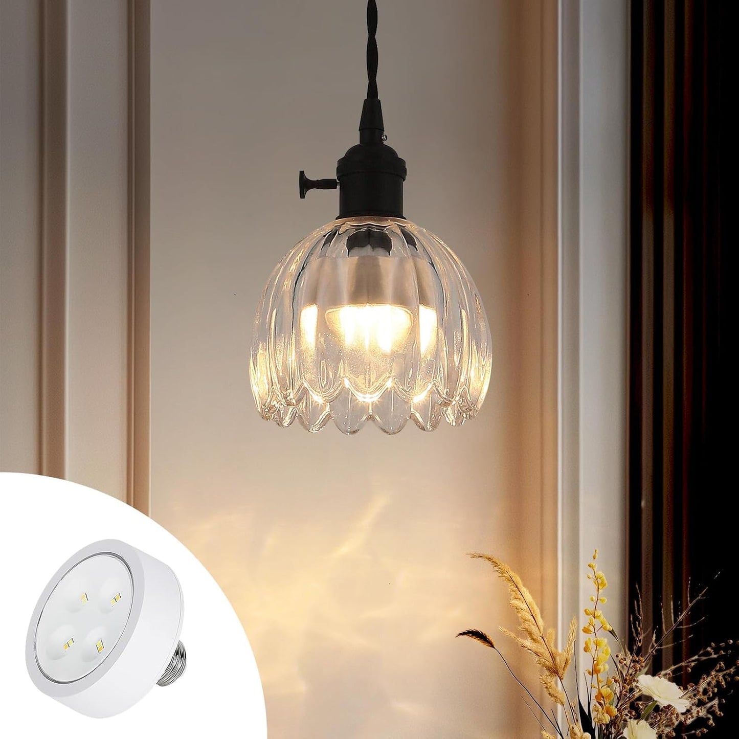 Vintage Black Rechargeable Pendant Light with 70 Inch Cord and Exquisite Tulip Clear Glass Shade for Kitchen Island, Living Room & Dining Room, Ideal Hanging Light for Multiple Spaces