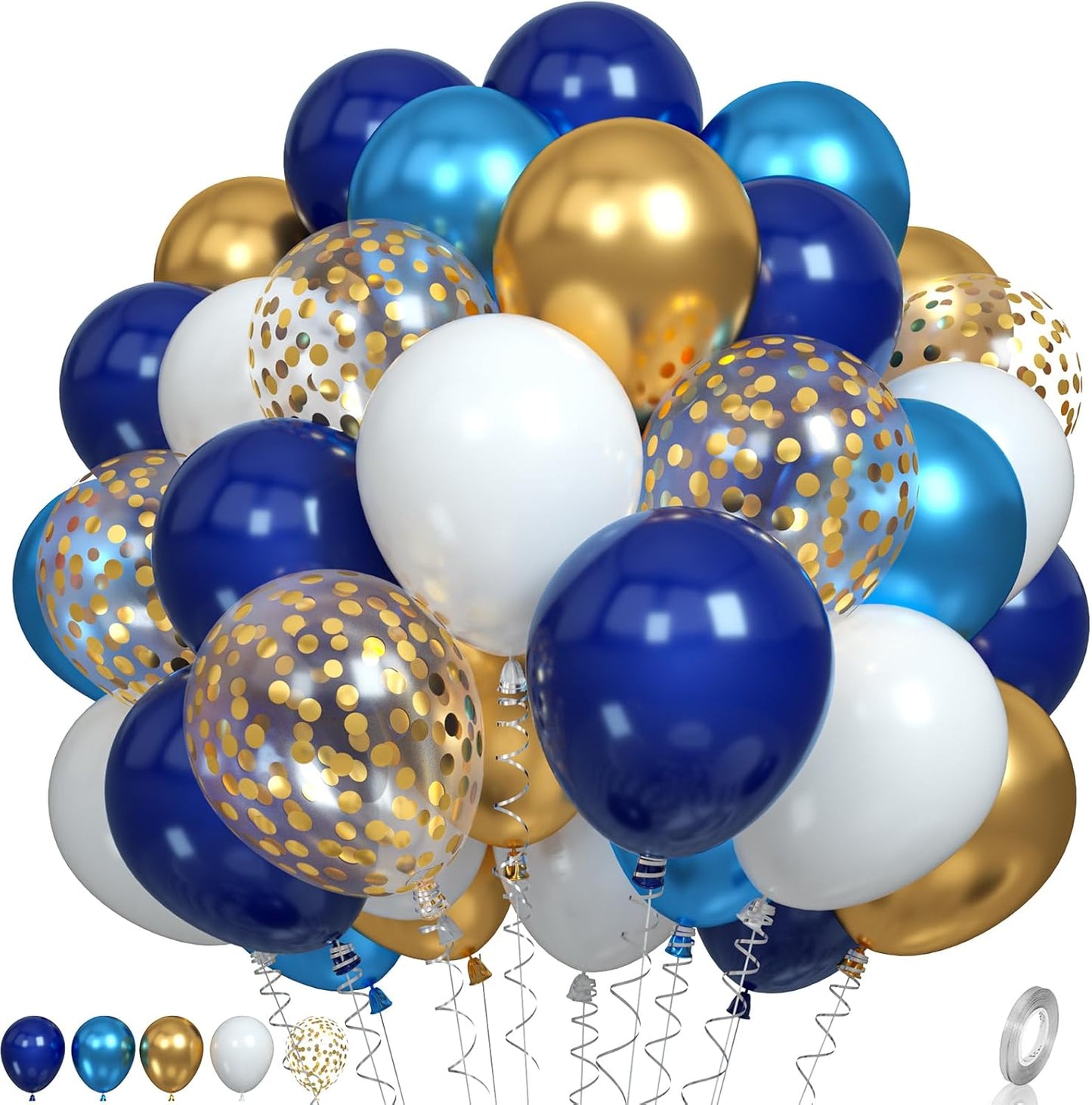 Navy Blue and Gold Balloons, Metallic Golden and Blue Balloon Navy and White Latex Balloons Gold Confetti Party Graduation Balloon for Birthday Baby Shower Wedding Decorations