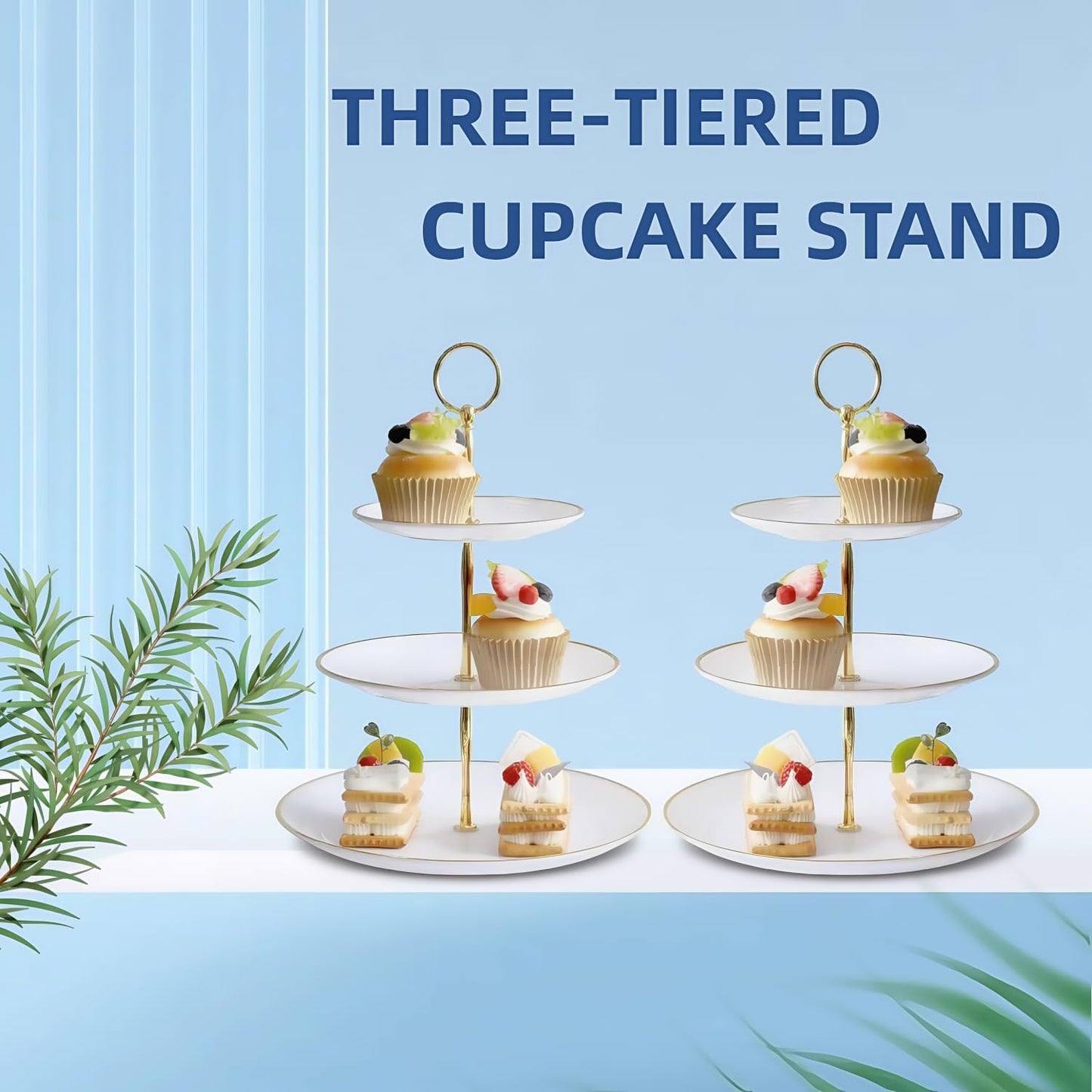 RAUVOLFIA 3 Tier Plastic Cupcake Stand, Tiered Serving Cake Stand, Round White Dessert Stand, Weddings Parties Pastry Serving Tray (2 Pack, White Plate with Gold Rim)