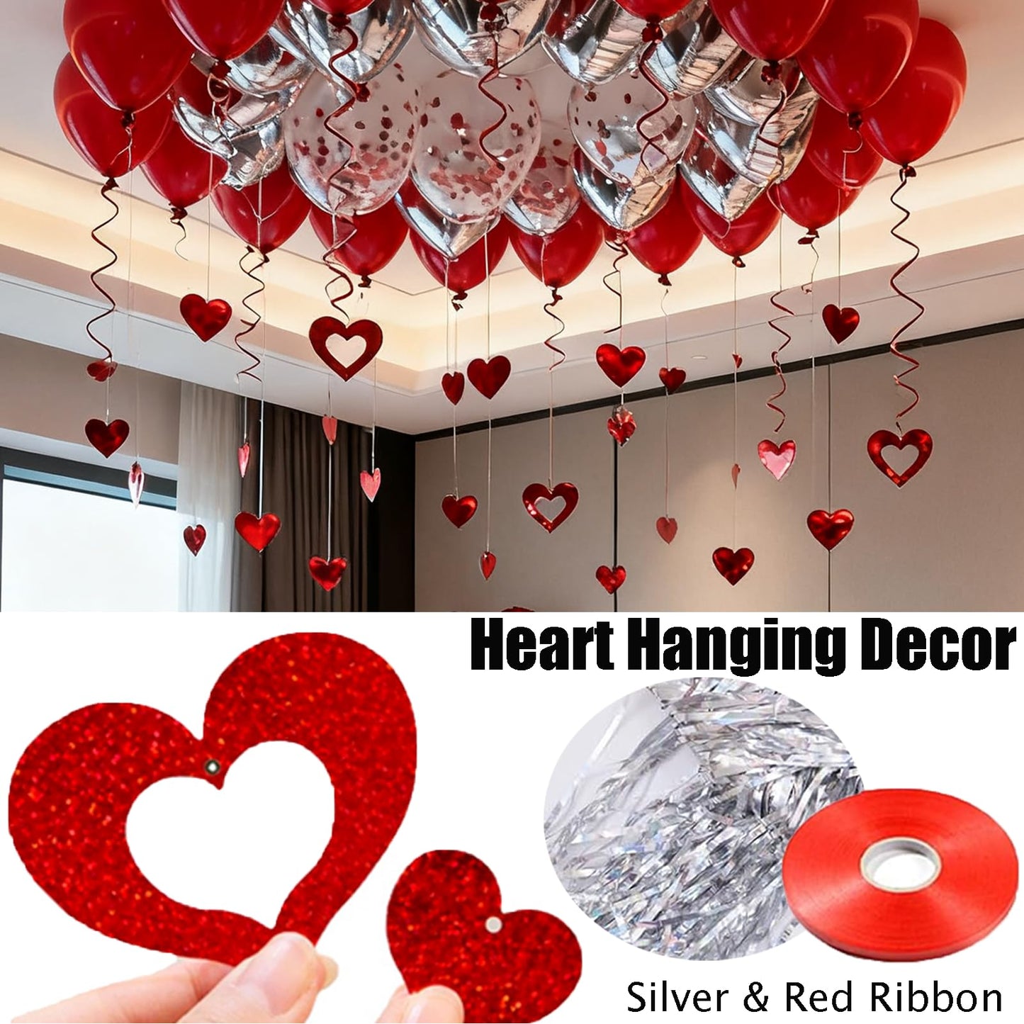 54pcs I Love You Heart Balloons Valentines Decoration with 50 Hanging 1000 Silk Rose Petal Bear