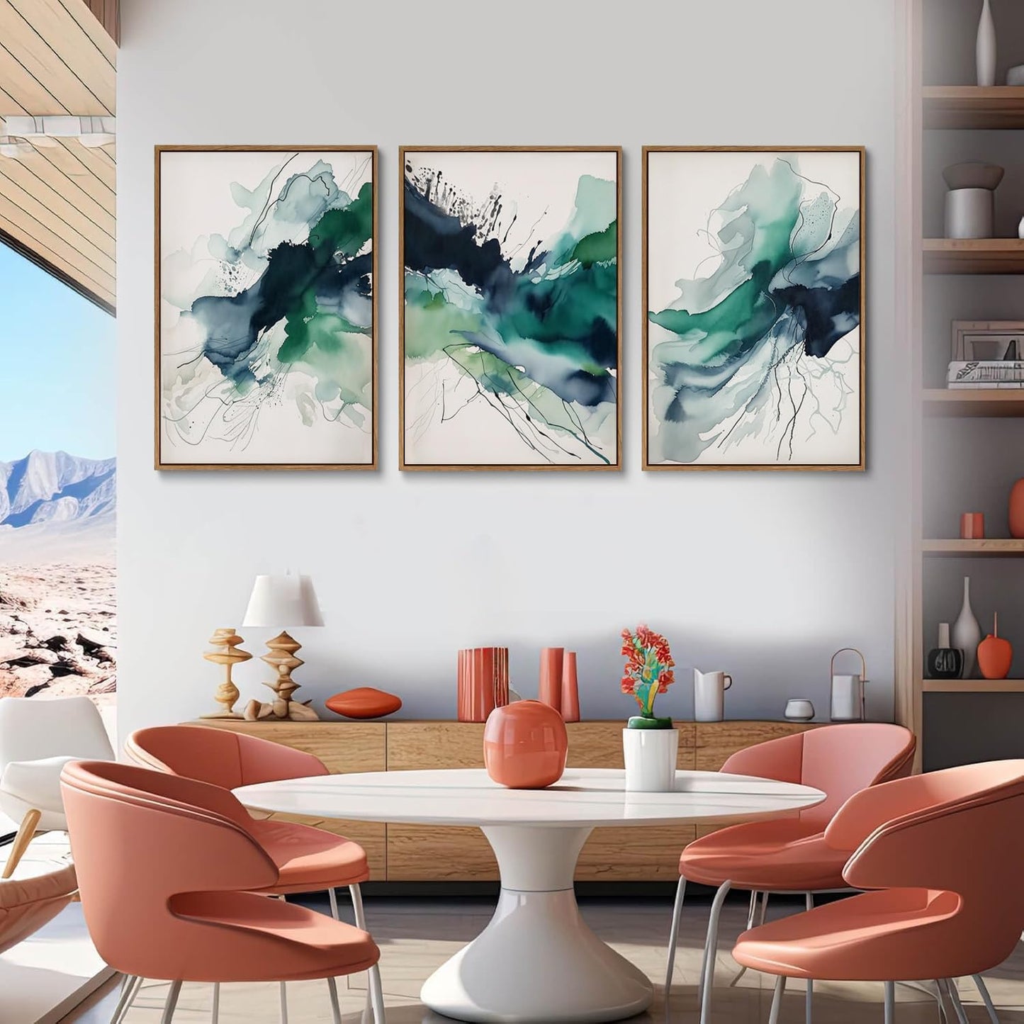 myusuar 3 Piece Large Abstract Framed Wall Art For Living Room, Smoke Texture Ink Emerald Green Canvas Wall Art Modern Minimalist Art Prints Wall Décor For Bedroom Office 12x16in