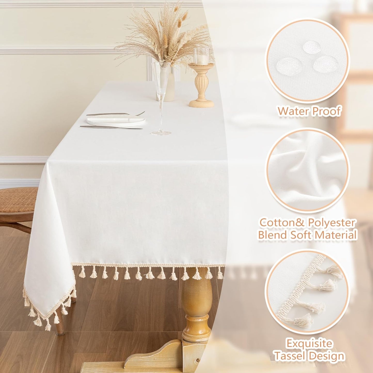 MYSKY HOME White Table Cloth Rectangle, Rectangular Table Cloth, Wrinkle Resistant, Waterproof Tablecloth, Washable Farmhouse Tablecloths, Table Cloths with Tassels for Kitchen Dining, 55"X86"