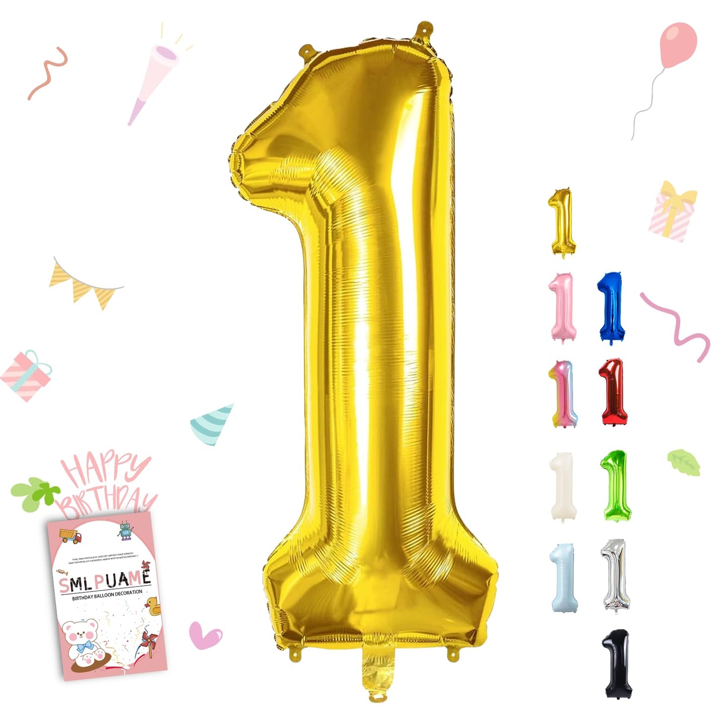 Smlpuame 40 Inch Gold Number 1 Balloon, 1st Birthday Decoration Boys Girls