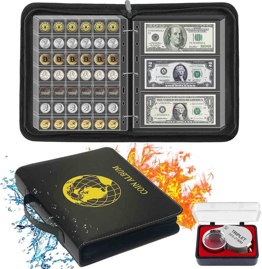 321 Pockets Fireproof Coin Collection Holder Album Book for Collectors, 312 Pockets Coins Collecting Album and 9 Sleeves Paper Money Coins Collecting Album for Coin Currency Collection Supplies, Stamp