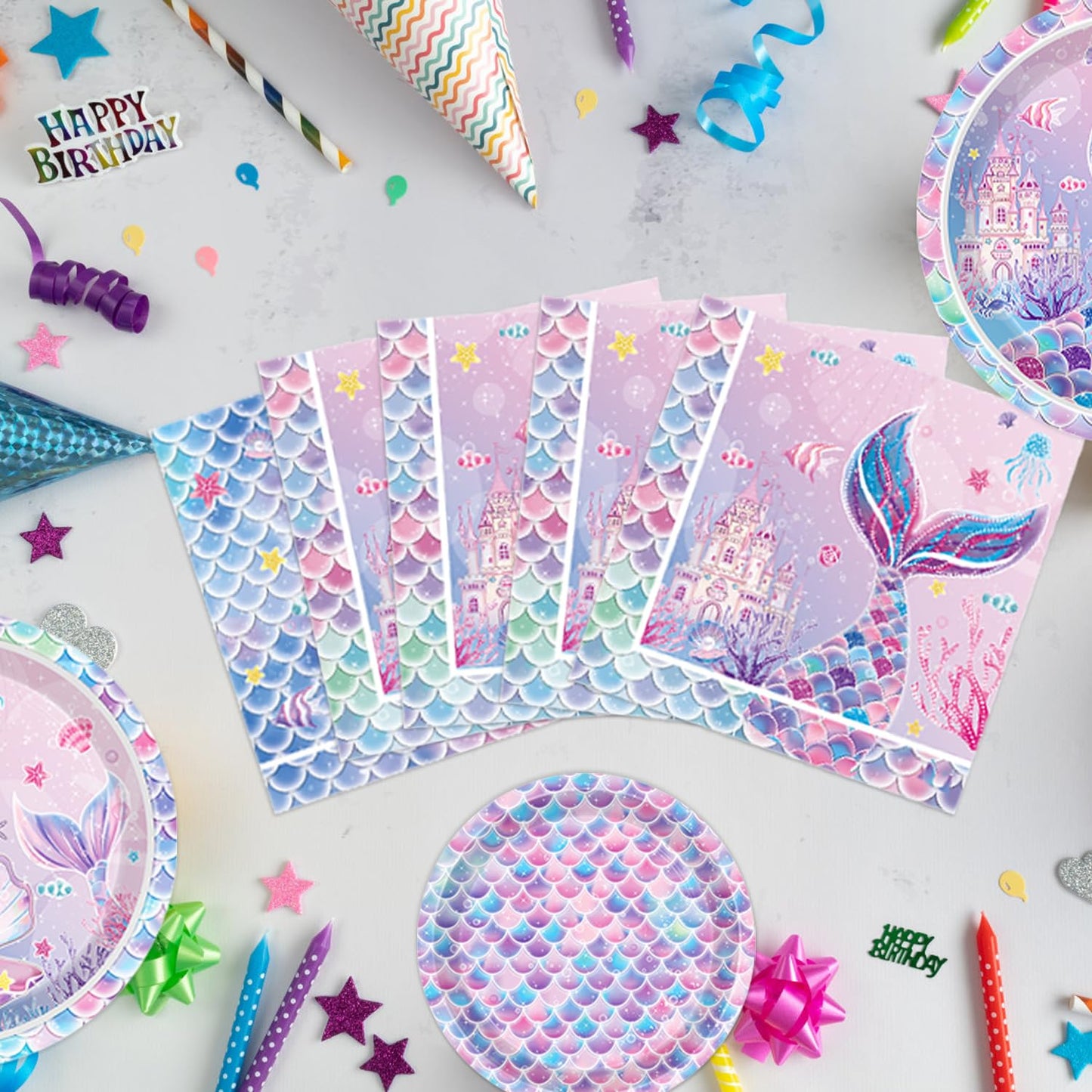 NKPDAXM Mermaid Birthday Decorations Include Plates, Napkins, Cups, Cutlery, Hanging Swirls