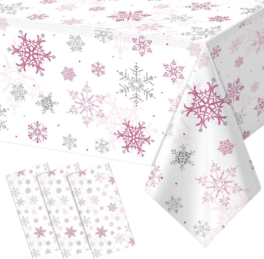 3 Pcs Christmas Snowflake Party Tablecloths Decorations,Plastic Pink Winter Onederland Rectangle Table Cover for Christmas New Year Girls 1st Birthday Baby Shower Holiday Party Decorations,54x108 inch