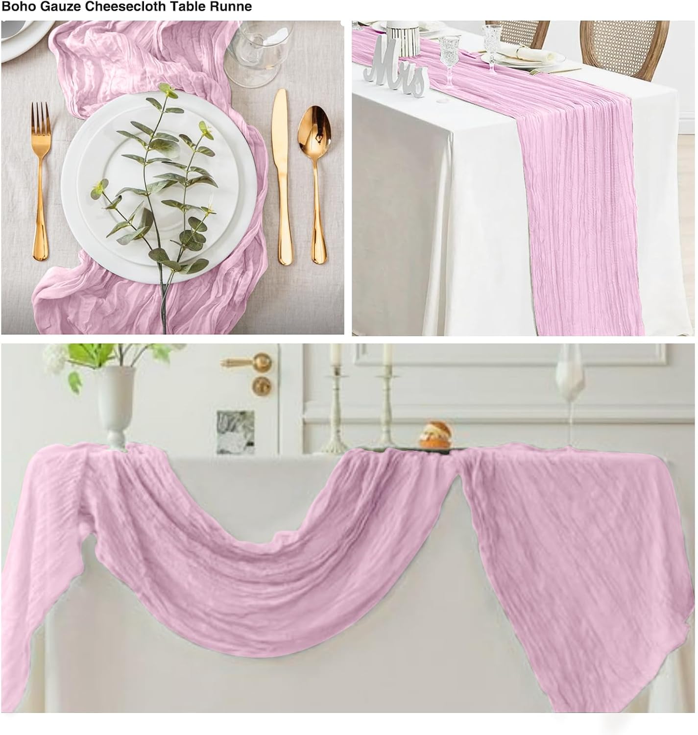 6 Pack Pink Cheesecloth Table Runner 20x120 Inch Boho Wrinkled Sheer Romantic Gauze Decor for Wedding, Bridal Shower, Birthday Party