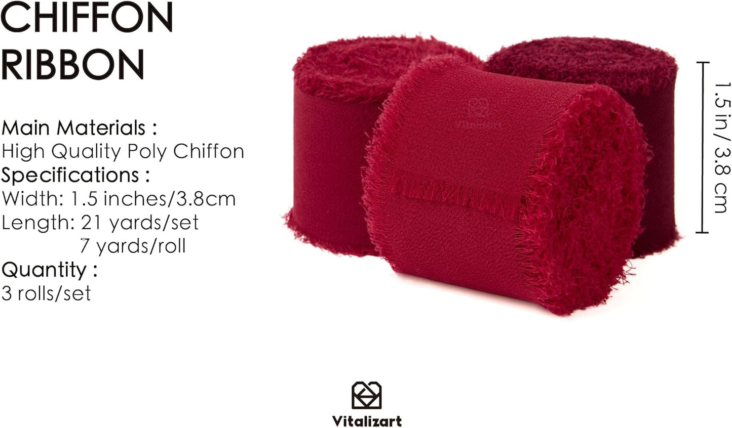 Vitalizart Red Handmade Chiffon Silk Ribbon Fringe 1.5" x 21 Yd Burgundy Frayed Edges Ribbons for Wedding Invitations Bridal Bouquets Gifts Wrapping Crafts Holiday Party Decorations