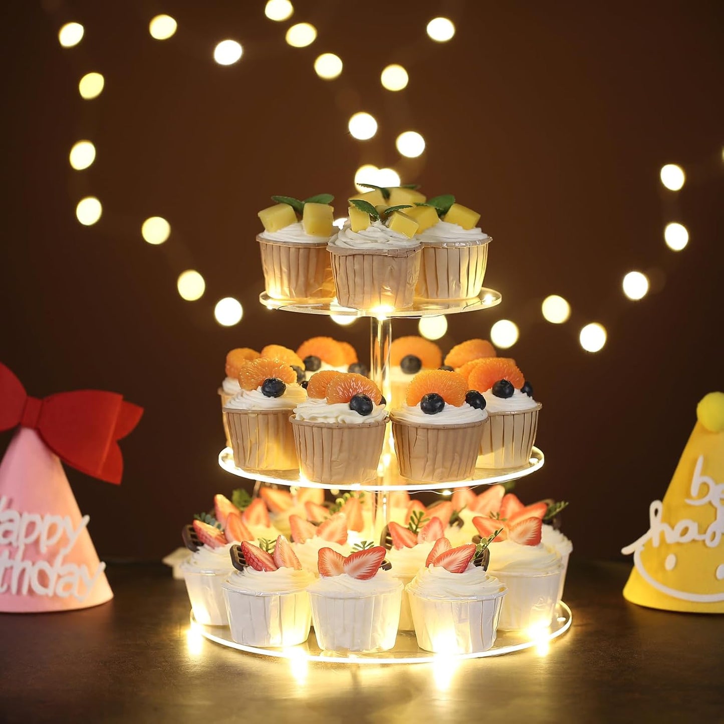 3 Tier Round Cupcake Stand Cupcake Holder, Acrylic Cupcake Tower with LED Yellow Light for 24 Cupcakes, Dessert Table Display Set for Birthday, Bar, Decor Weddings, Parties Events