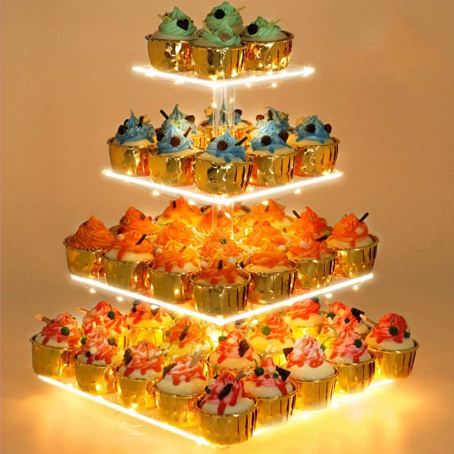 YestBuy Cupcake Stand with Yellow LED Lights, 4 Tier Cupcake Stand for 50 Cupcakes, Acrylic Cupcake