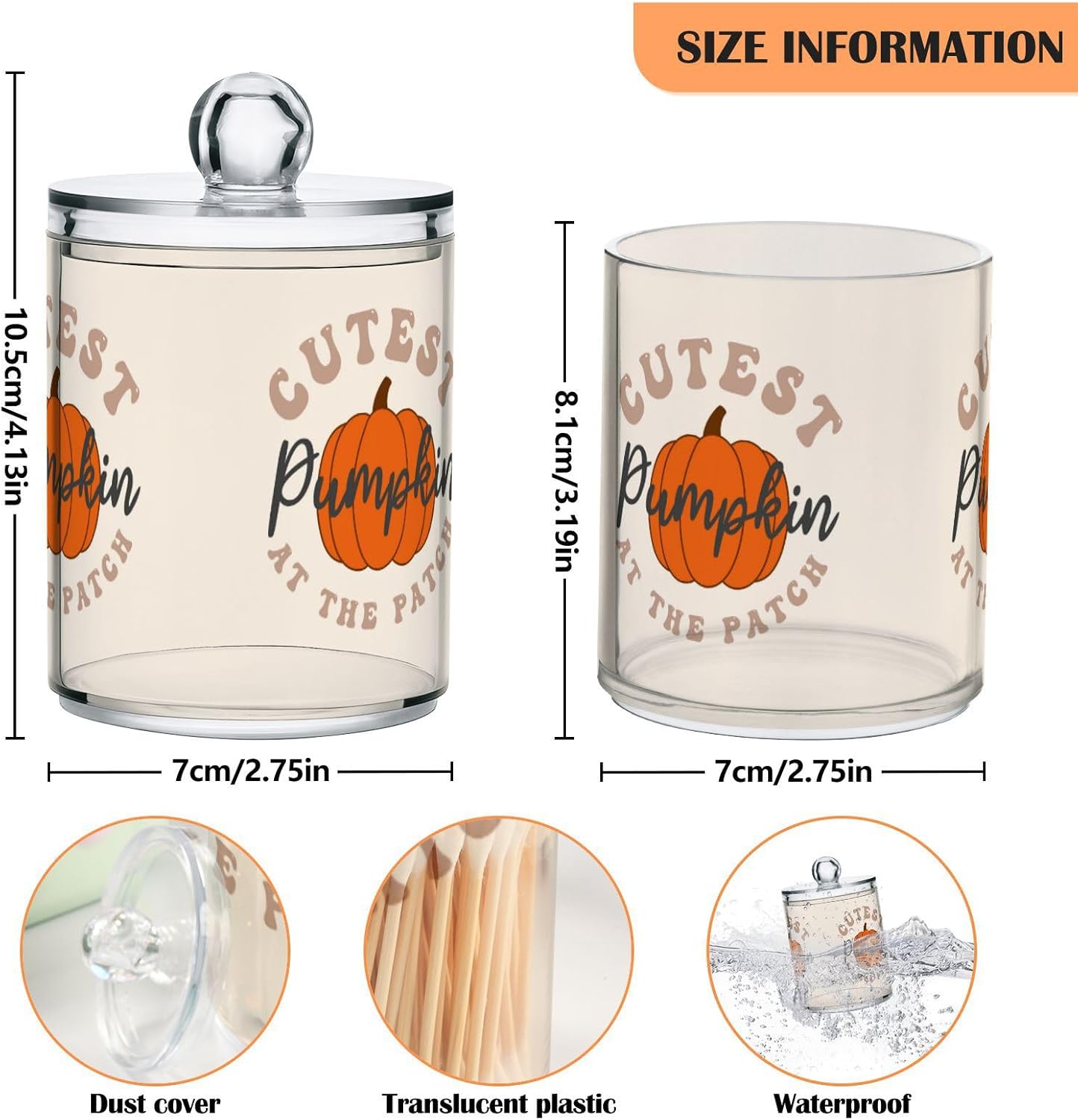 Gredecor 2 Pack Apothecary Jars with Lid Cutest Pumpkin Qtip Holder Dispenser Storage Containers Clear Plastic Cute Rustic Fall Autumn Thanksgiving Theme Canisters for Bathroom Vanity Organization