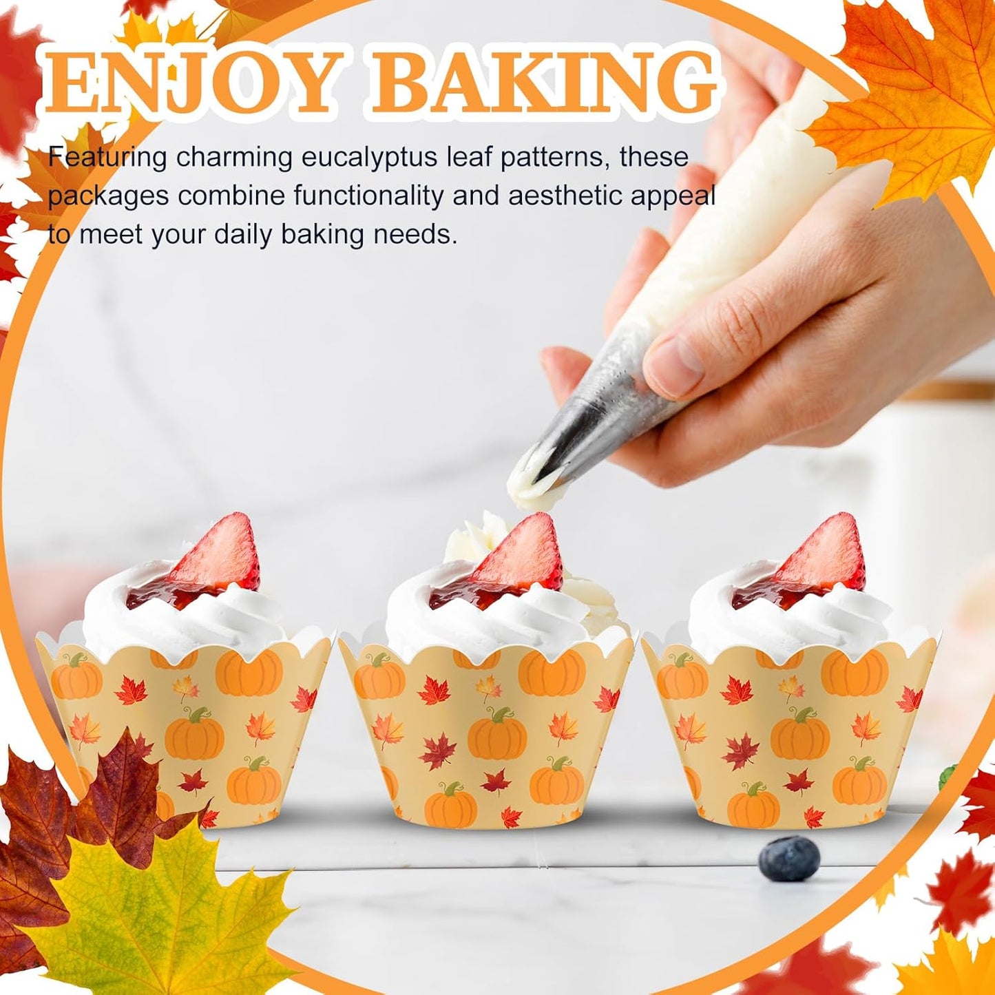 Domensi 100 Pcs Fall Pumpkin Maple Leaf Cupcake Wrappers Rustic Cupcake Liners Thanksgiving Baking Cups Baking Liners for Autumn Wedding Bridal Baby Shower Birthday Party Supplies Dessert Decoration