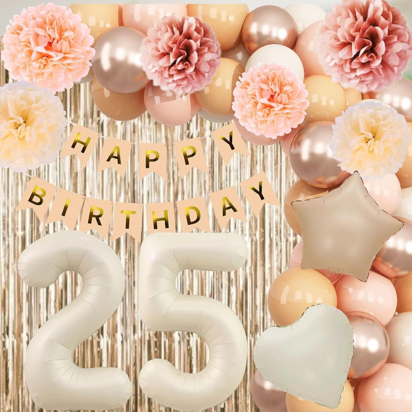 Beige 25th Birthday Decorations for Her Cream Number 25 Balloon Nude Gold Happy Birthday Banner Fringe Curtain Paper Pom Poms Blush White Sand Champagne Star Foil Balloons Neutral Boho Party Decor