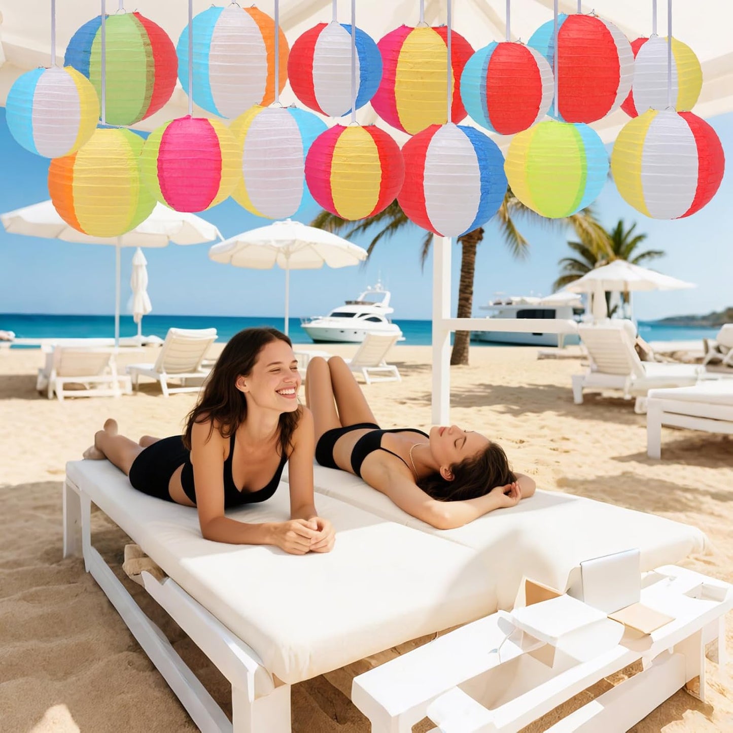 15Pcs Beach Ball Hanging Paper Lanterns Colored Summer Party Decorations for Pool Backyard Outdoor Classroom