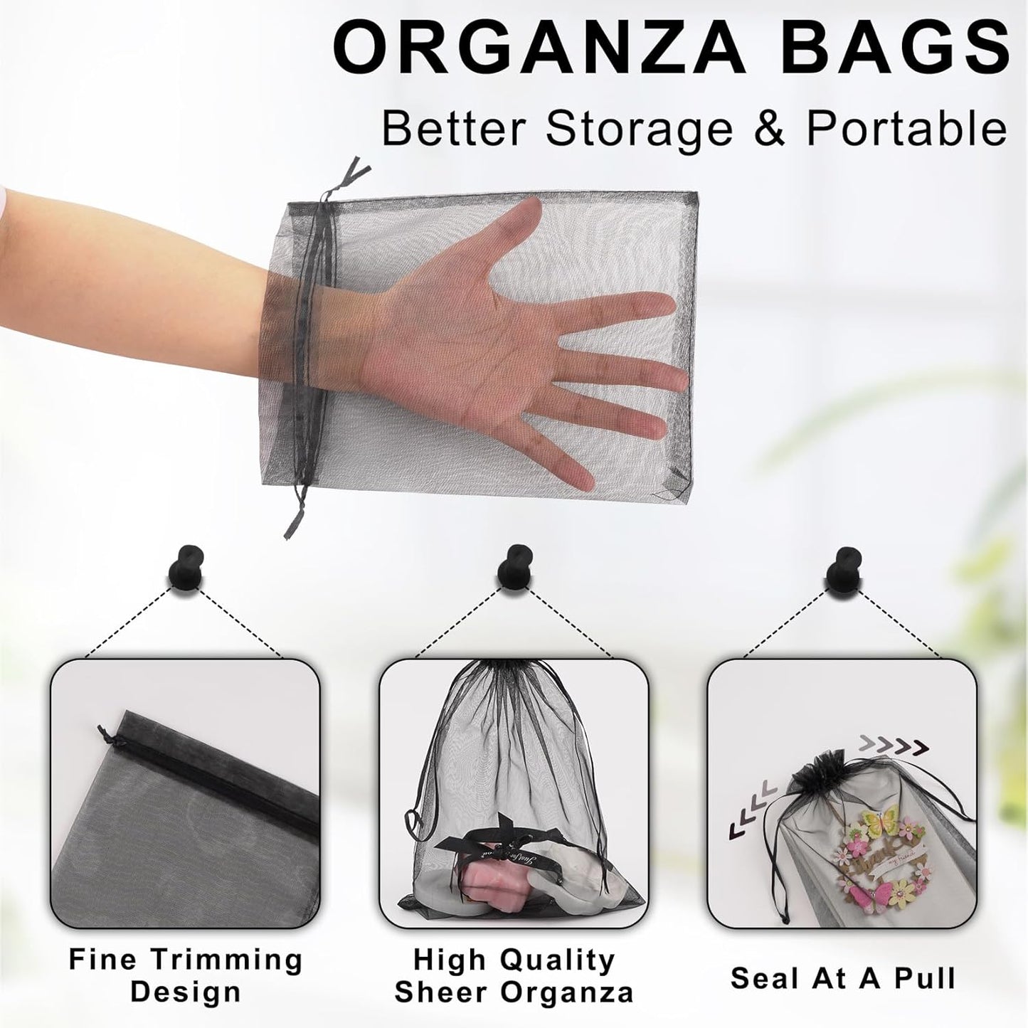 ANZNKU 100 Pack Premium Sheer Organza Bags 6x9 inches Mesh Gift Bags Drawstring for Halloween, Wedding, Festival, Makeup, Party Favor(Black)