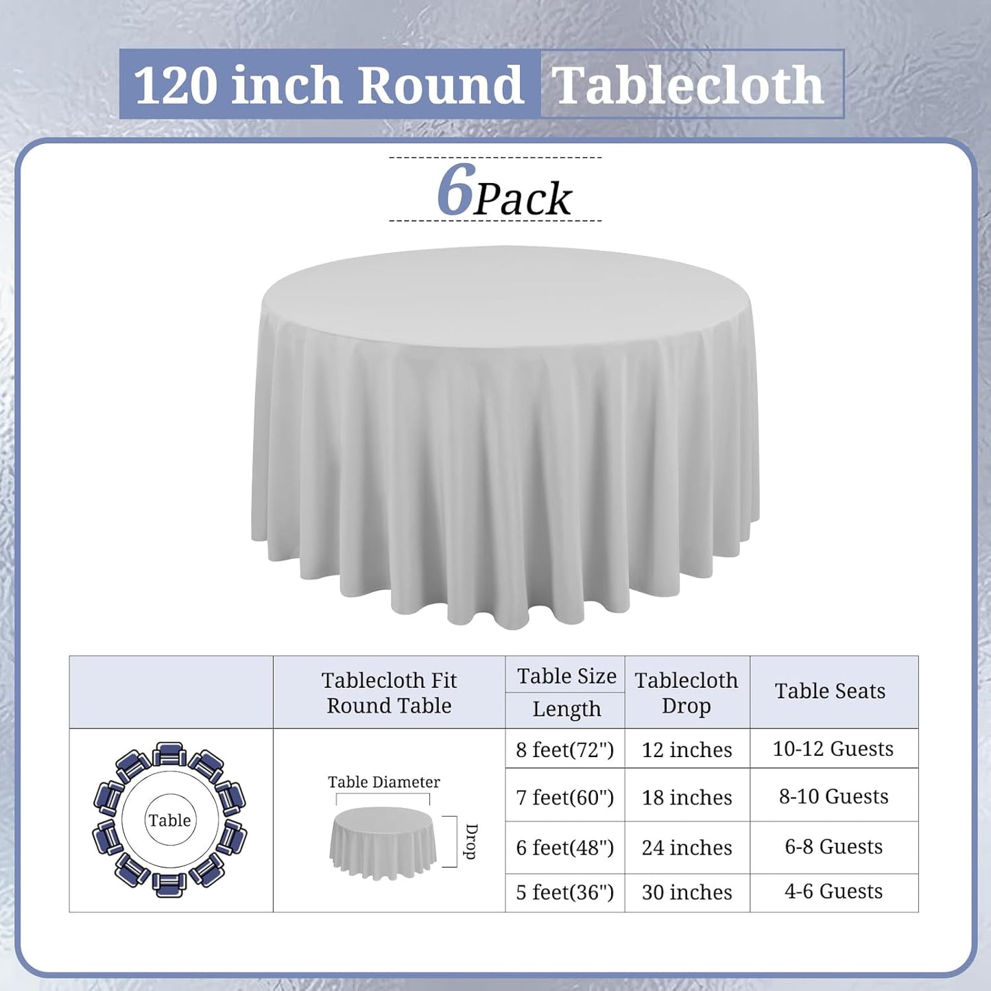 6 Pack Light Grey Round Tablecloths - 120 Inch, Polyester Table Cover, Stain and Wrinkle Resistant Washable Fabric Table Cloth for Wedding Banquet Parties