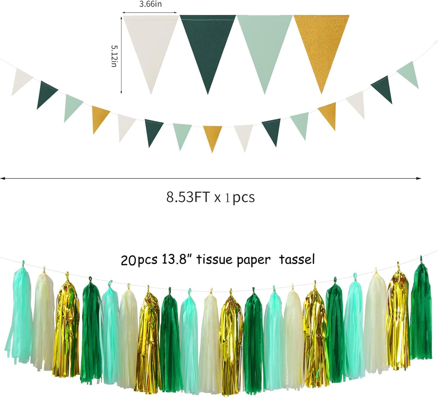 Sage-Green Beige-Gold Baby Bridal-Shower Decorations - 30pcs Rustic Wedding Tissue Pom Poms,Tassel Garland Banner,Birthday Gender Reveal Bachelorette Engagement Party Decor Bunting Lasting Surprise