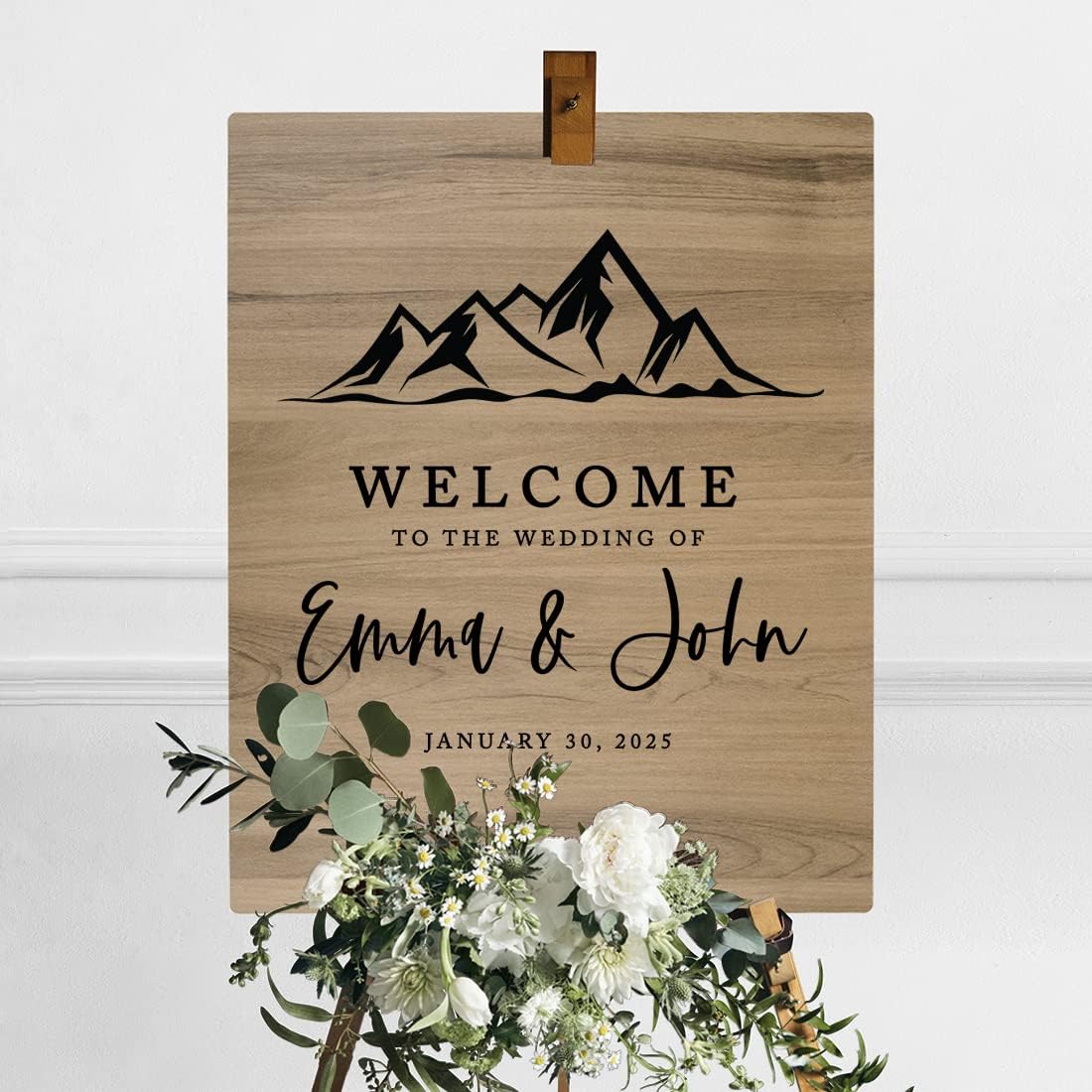 Andaz Press Large Wooden Welcome Sign for Wedding, Rustic Welcome Sign 16" x 20" Custom Names Minimal Mountains Wedding Signage English Oak MDF Wood Finish Wedding Reception Indoor Outdoor Signs