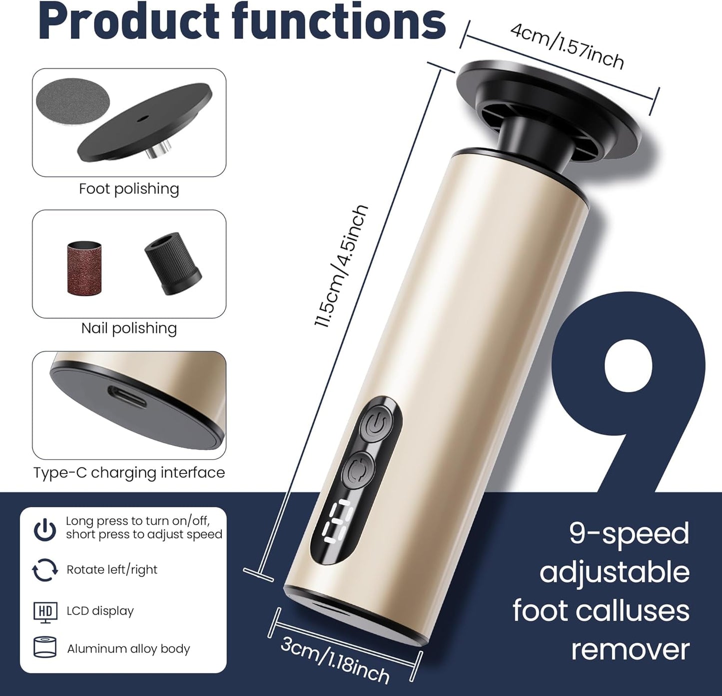 Electric Foot Callus Remover,2 in1 Rechargeable Callus Remover for Feet,9-Speed Wireless Electric Foot File Nail Grinder,Foot Scrubber Pedicure Tools for Dead Skin Dry Cracked Feet (Gold MINI)