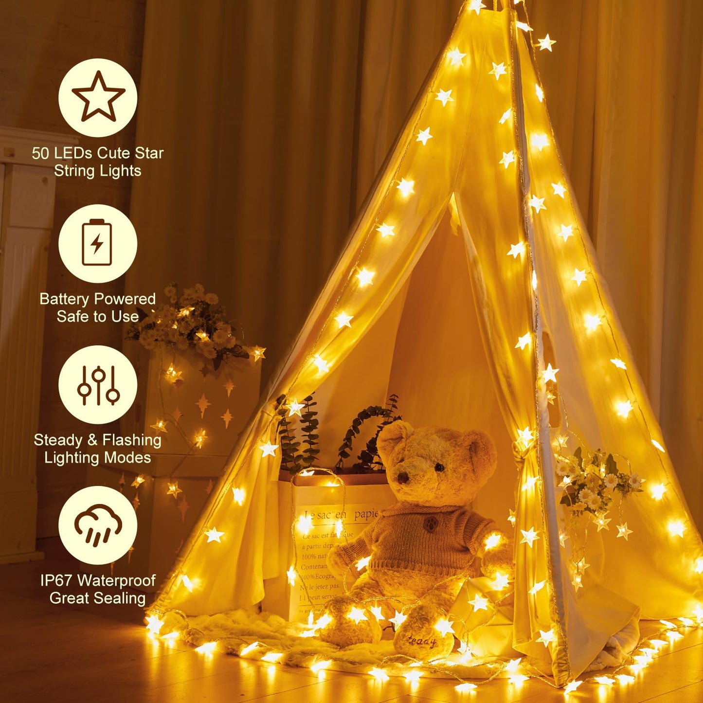 Minetom Star String Lights Battery Operated - 17 ft 50 LED Star Fairy String Lights with Timer