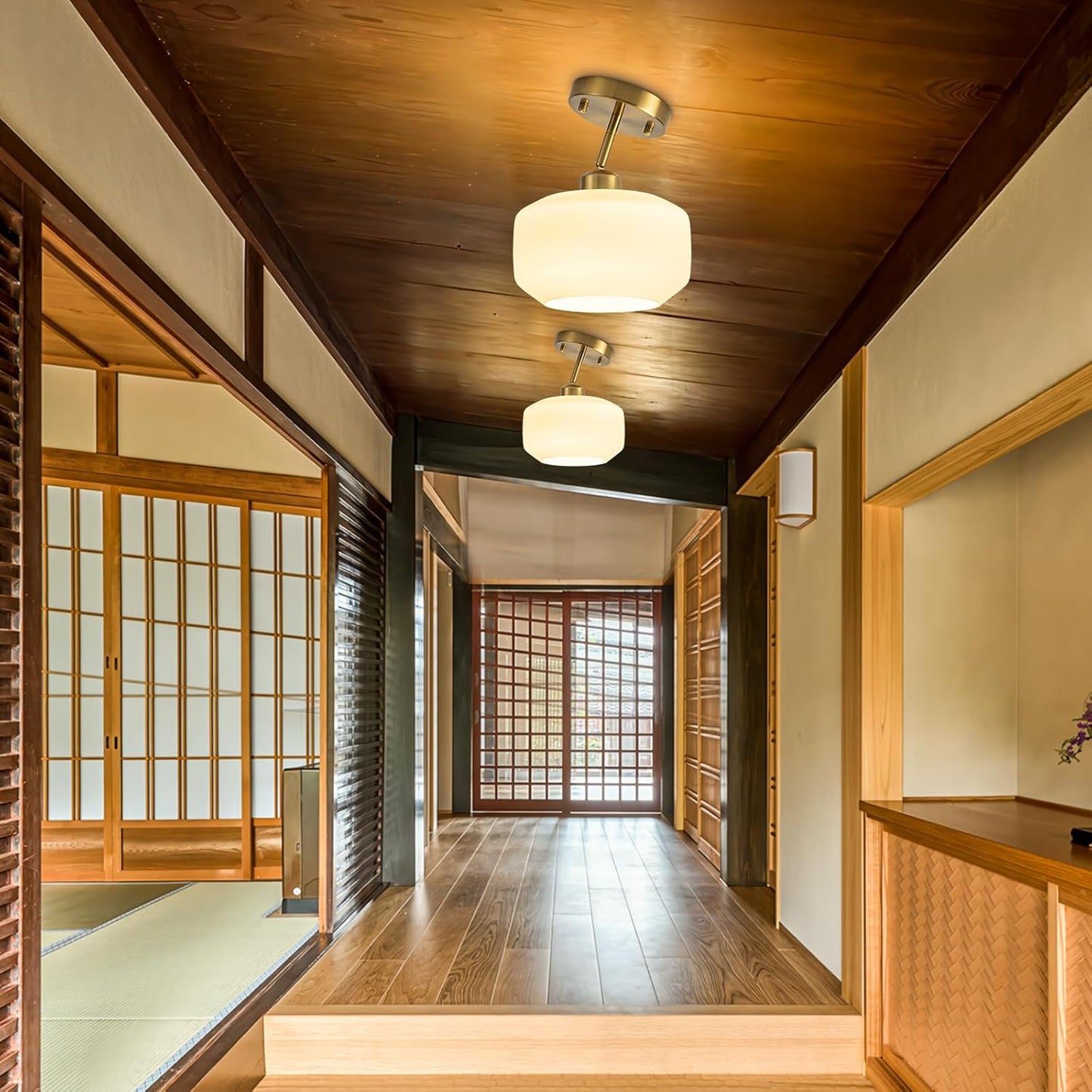 Tbaoinal semi Flush Mount Ceiling Light Fixture Adjustable Hanging Brass Gold Light Fixture 8.66" Modern Frosted Opal Milk Glass Shade Sloped Ceiling Adaptable for Hallway Light fixtures Entryway