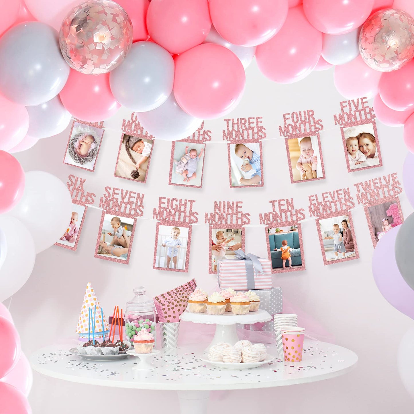 Whaline 1st Birthday Baby Photo Banner for Newborn to 12 Months, Monthly Milestone Photograph