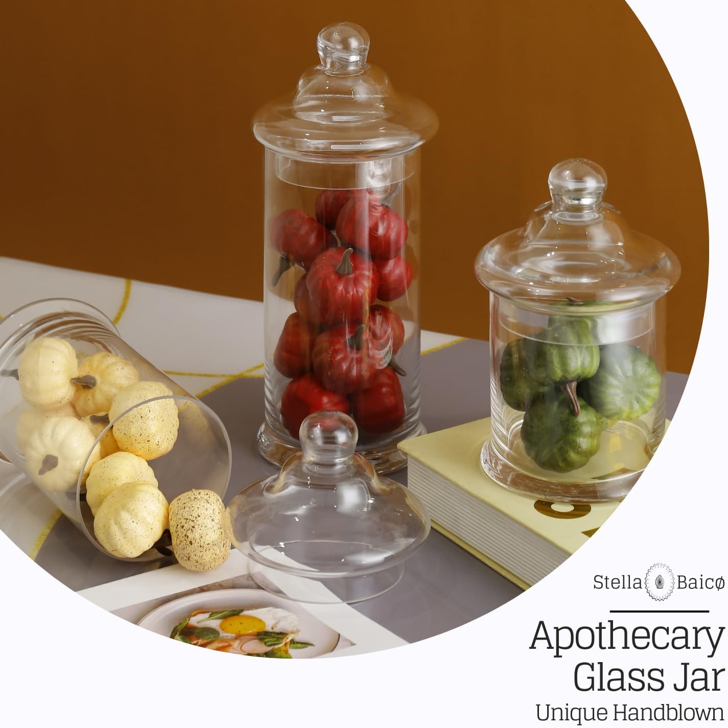 Set of 3 Apothecary Jars Glass, Apothecary Jars with Lids Bathroom, Clear Candy Jar Set, Decorative Jar for Party, Wedding and Home Decor (Height: 11", 8.5", 7.5"; Diameter: 5")