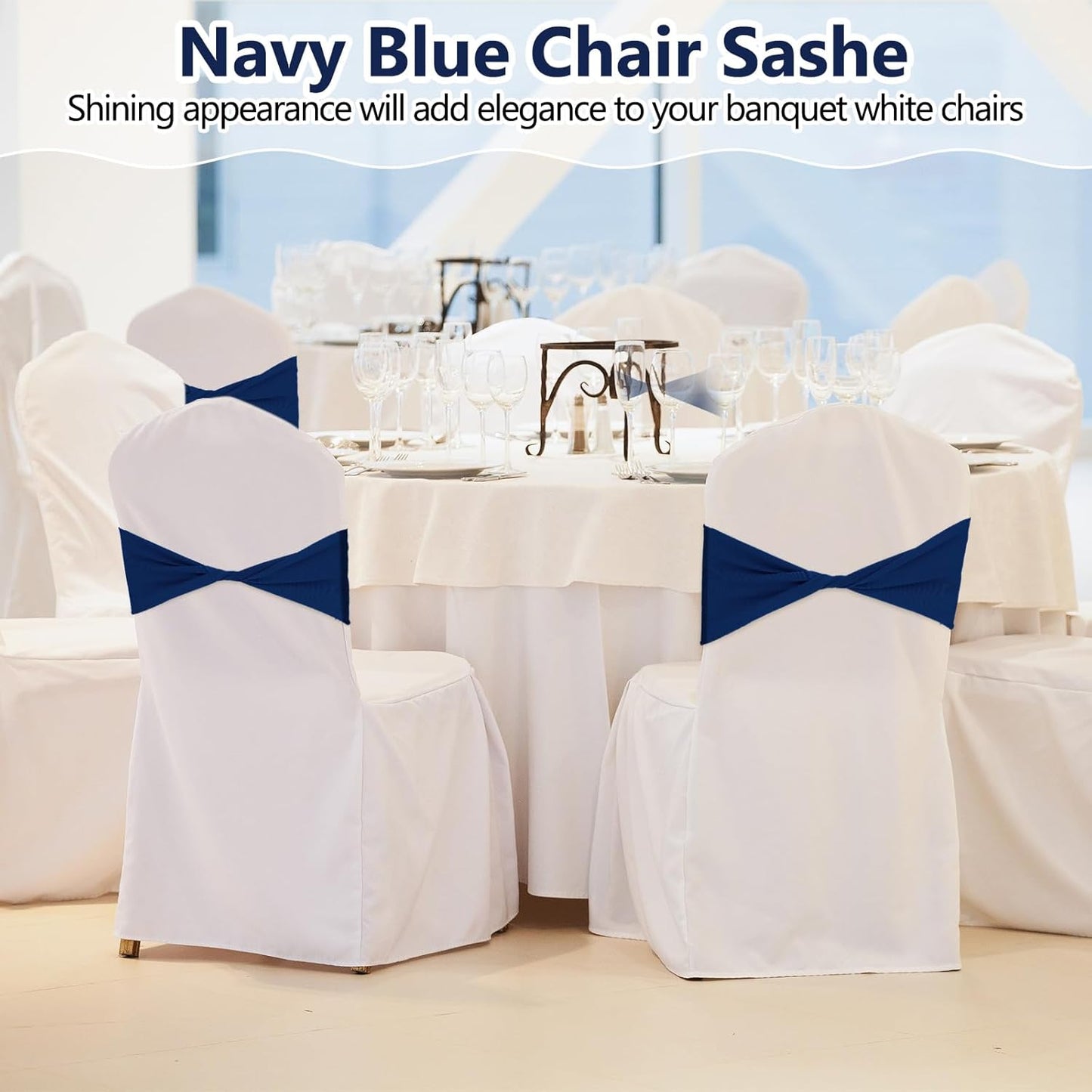 Kinlop 50 Pcs Spandex Chair Sashes Bows Chair Bands Slider Sashes for Covers Elastic Bands Ties Without Buckle Decorations for Wedding Party Events Ceremony Birthday(Navy Blue)