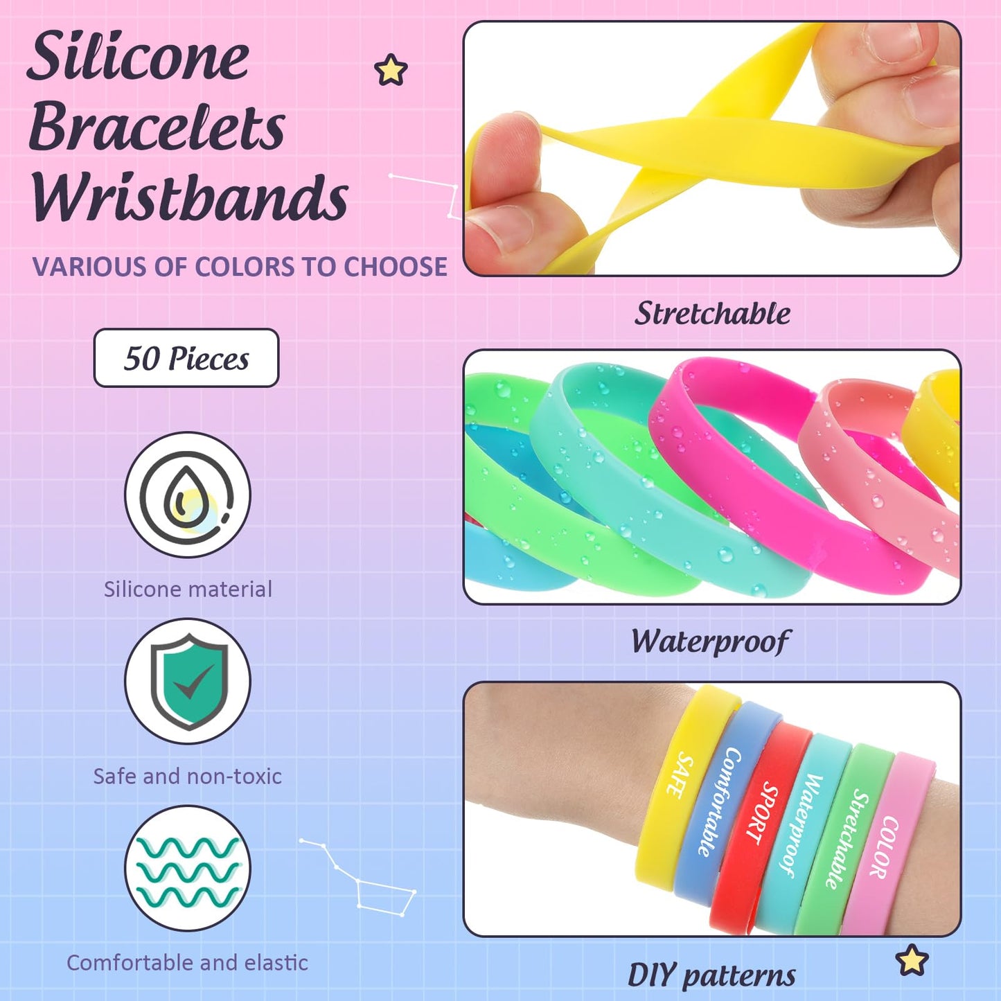 Shappy 50 Pcs Glow in the Dark Rubber Bracelets Neon Silicone Bracelets Bulk Luminous Colored