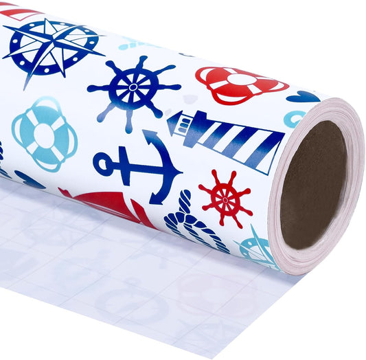 WRAPAHOLIC Nautical Anchors Wrapping Paper Roll - 17 Inch x 33 Feet - Nautical Element Anchor Design Perfect for Birthday, Nautical Beach Decoration, Baby Shower