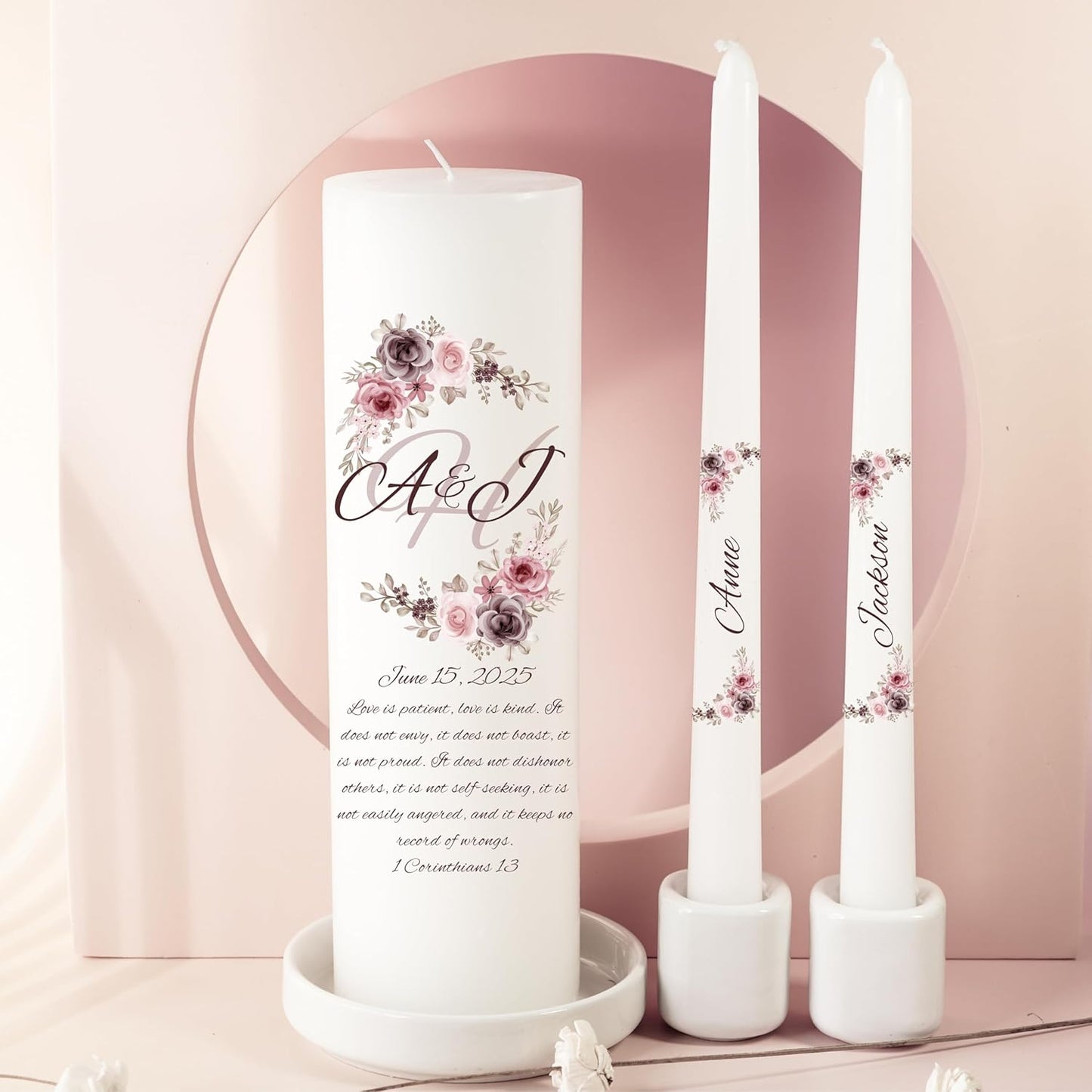 Unity Candles for Wedding, Modern Unity Set, Custom and Personalized Pillar and Taper Candles with Bible Quote, Unscented White Premium Wax, Religious and Wedding Ceremony, Special Events (Clover)