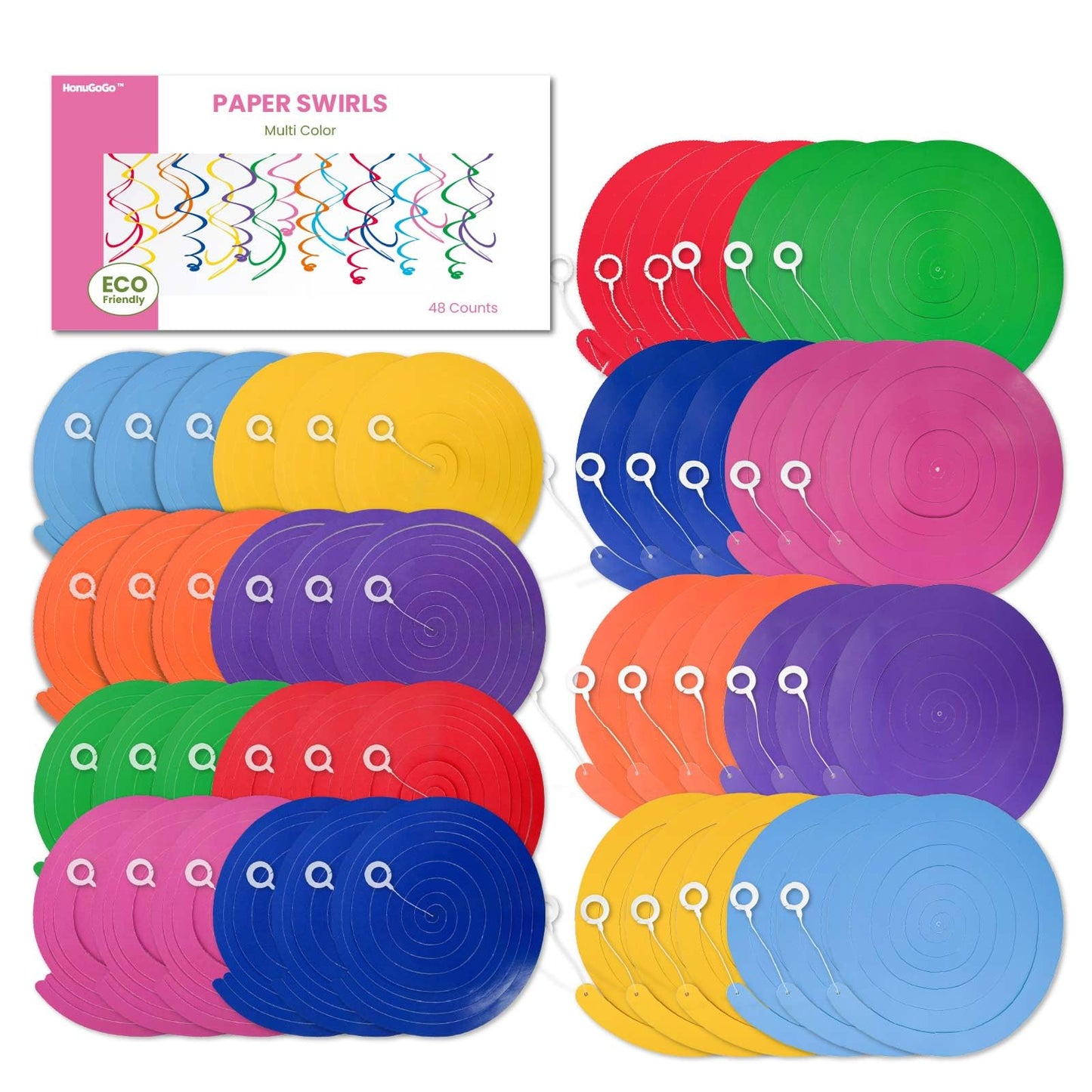 HonuGoGo 48‑Piece Multi-Color Paper Swirl Decorations – Hanging Party Swirls for Birthday, Baby