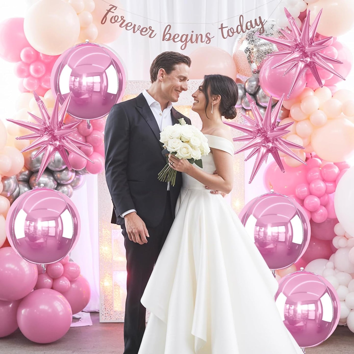 6Pcs Pink Foil Balloons,22Inch Light Pink 4D Round Ball Balloon and Explosion Star Balloon for Birthday Wedding Baby Shower Anniversary Decorations