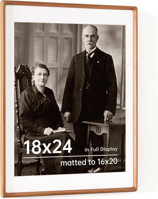 18x24 Picture Frame USA-Sourced Natural Cherry Wood Solid Original Wood Photo Frame Rounded Corner with Mat to 16x20 Picture Display with Real Glass Family Picture, Wedding Picture, Photo, Certificate