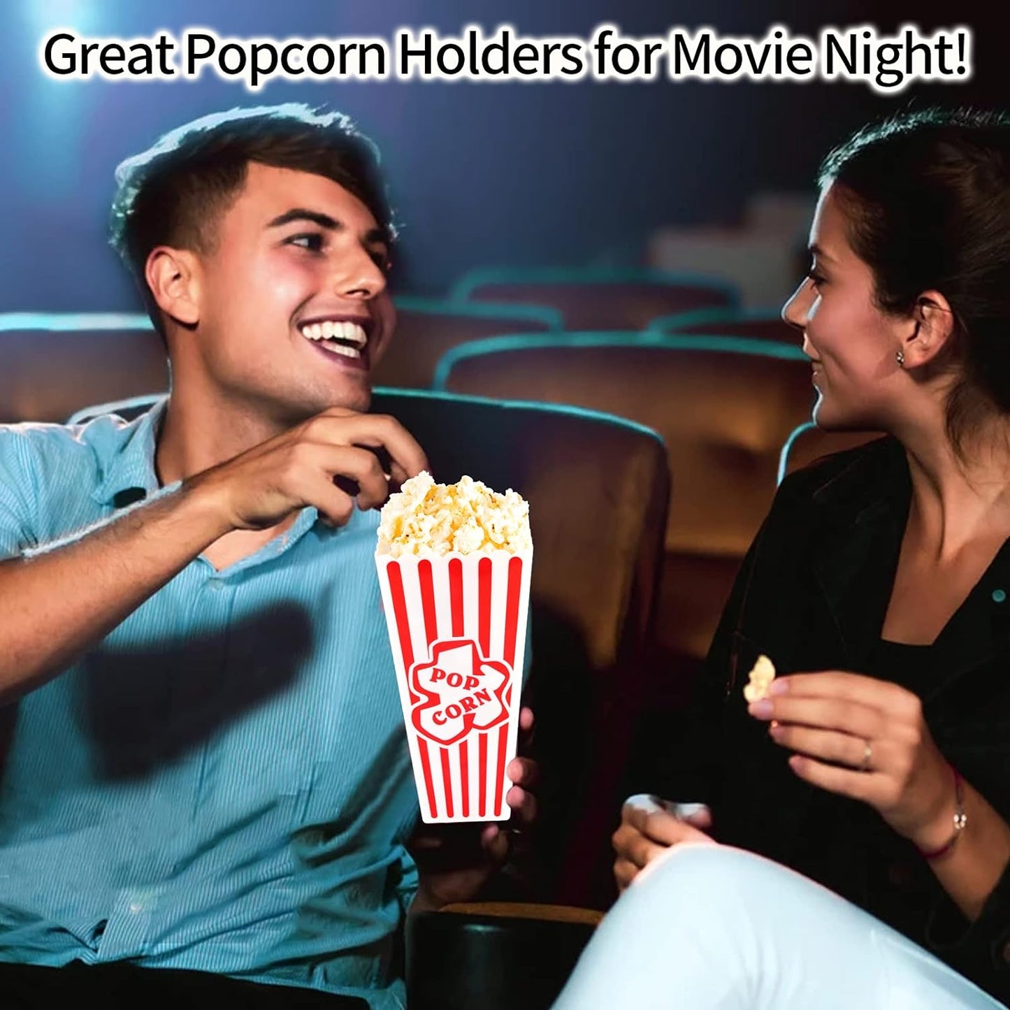 Plastic Popcorn Containers Red & White Striped Retro Style Reusable Popcorn Boxes for Movie Night 4”x8” (4 Pack)