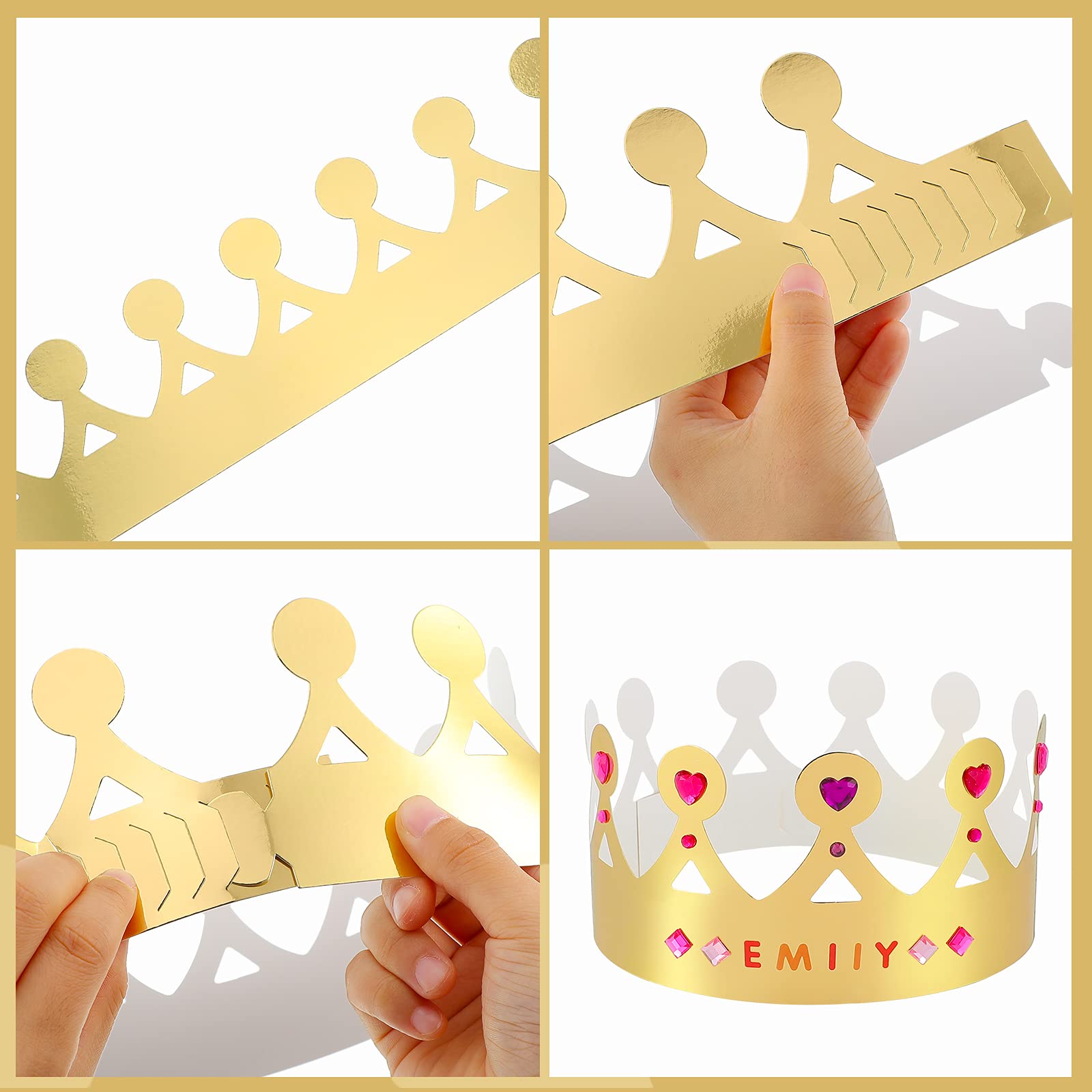 Chinco 34 Pcs DIY Gold Paper Crown for Kids Birthday Party with Gem Sticker