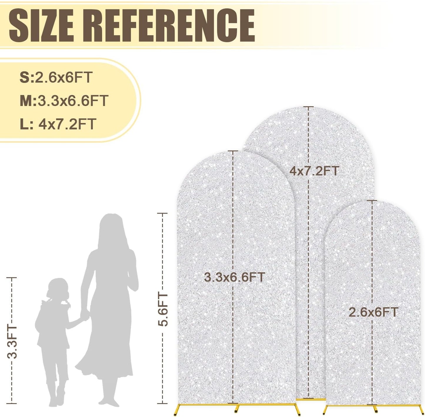 MODFUNS Arch Backdrop Stand and Cover Set 6&6.6&7.2ft Silver Sequins Arch Covers Set of 3 Gold Arched Backdrop Stands Chiara Arches Cover for Party Baby Shower Banquet Wedding Decoration