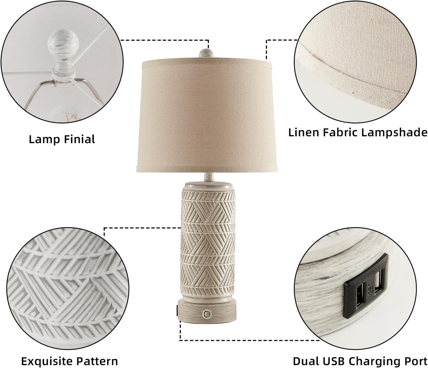 RORIA Set of 2 Rustic Touch Ceramic Table Lamps for Living Room, 3-Way Dimmable Nightstand Lamp with Dual USB Charging Ports, Linen Shade Bedside Bedroom Table Lamp, Bulbs Included