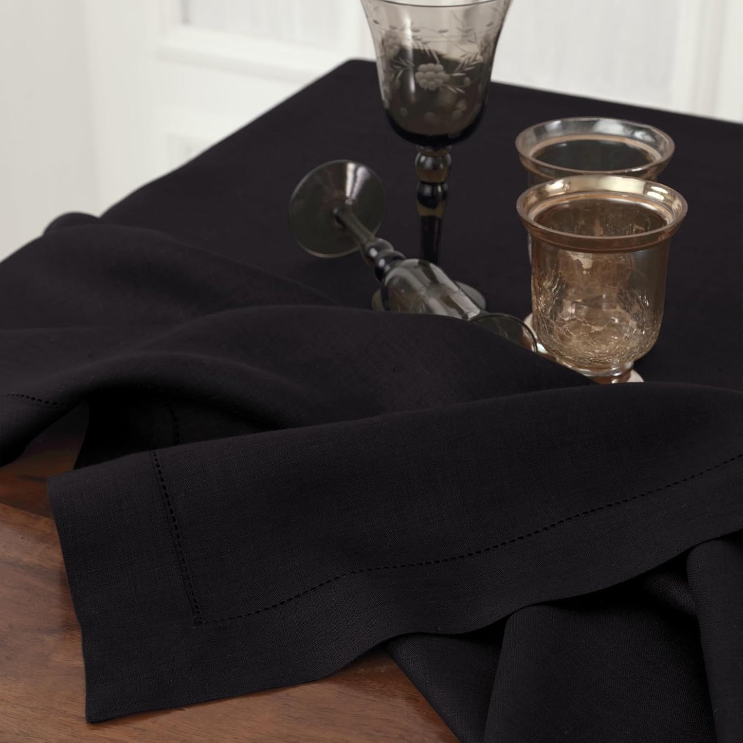 Solino Home Black Linen Tablecloth 60 x 144 Inch - Classic Hemstitch, 100% Pure Linen Rectangular Tablecloth - Machine Washable Table Cloth for Halloween