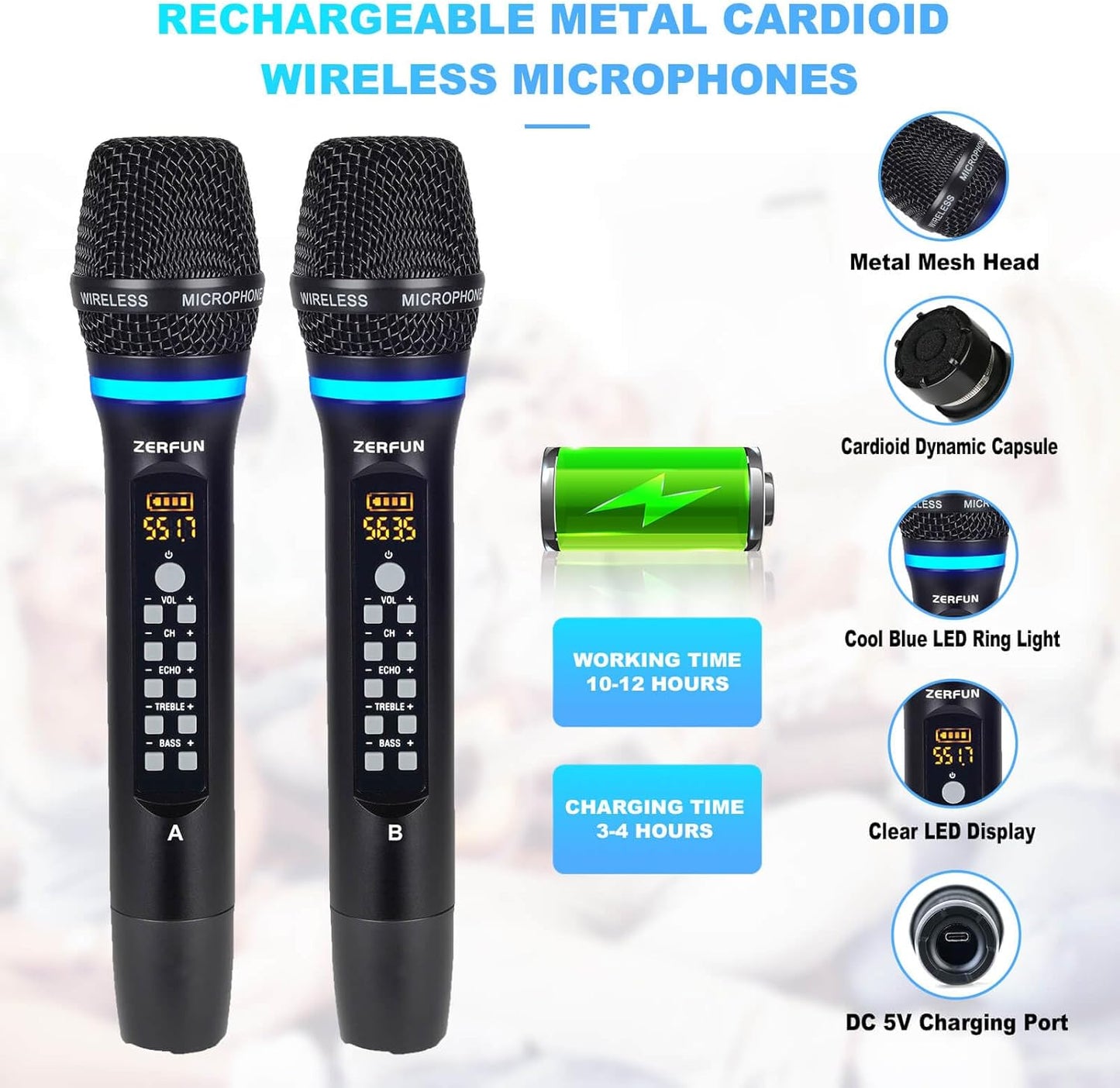4 Channel Rechargeable Wireless Microphone System, Pro UHF Metal Handheld Wireless Microphones Cordless Mics with Echo Treble BASS VOL Channel Control for Karaoke Singing Church(GT-200)