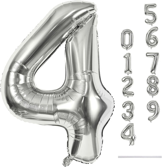 Silver Number Balloons, 40inch Large Number 4 Foil Helium Balloons for Girls Women, Self Inflating Number Balloons 0-9 for Men Boys 4th 14th 40th Birthday Anniversary Party Celebration Decoration