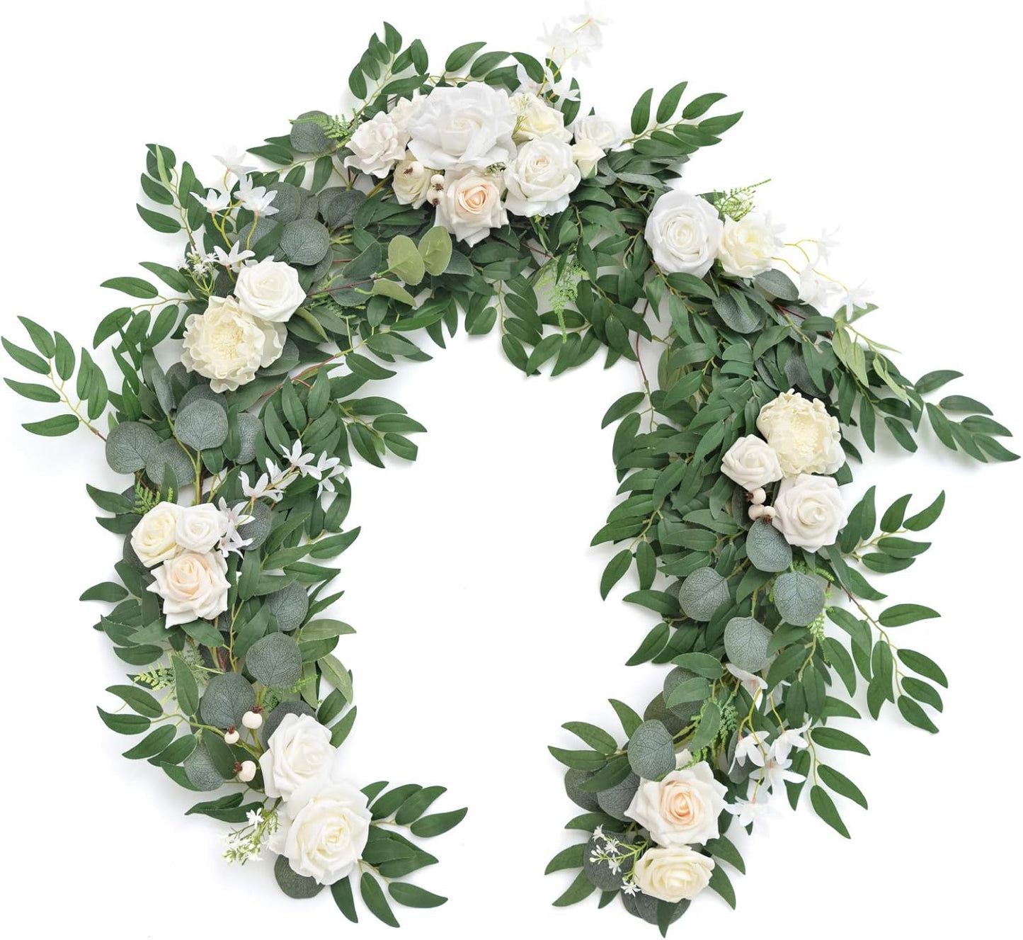 Ling's Moment Flower Garland - 6FT Eucalyptus & Rose - Sweetheart Table Decor for Wedding Reception, Artificial Floral Garland for Mantle, Spring Garden Ceremony, Christmas Decoration, Ivory White