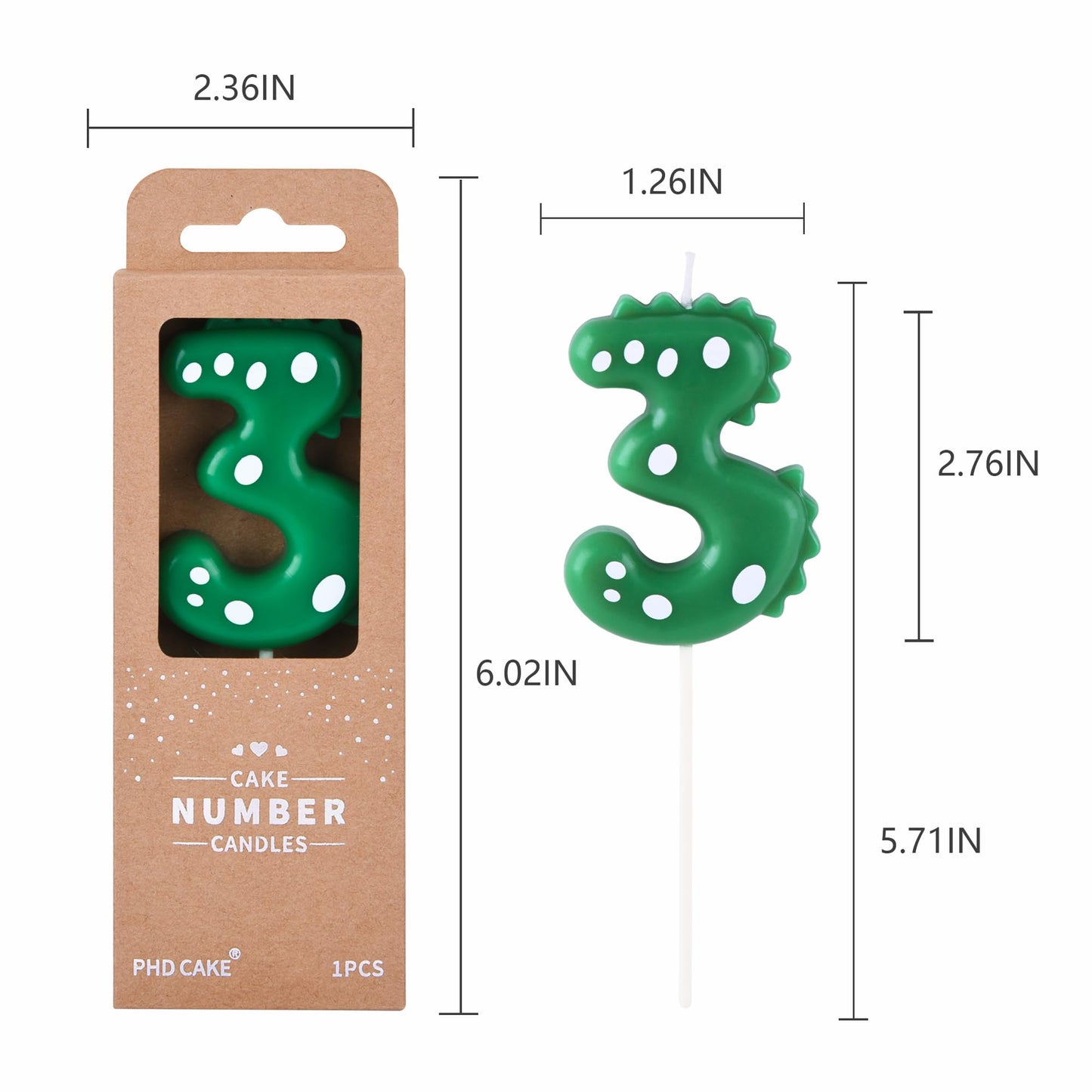 PHD CAKE 2.76 Inch Green Dinosaur 3 Number Birthday Candles, Dinosaur Number Candles, Cake Number